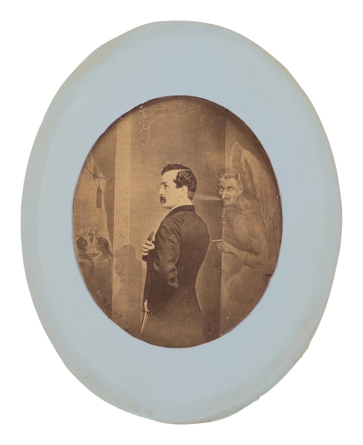 [BOOTH, John Wilkes (1838-1865)]. Large format albumen print depicting John Wilkes Booth tempted by Satan to murder Abraham Lincoln. [New York: Macoy and Herwig, 1865].