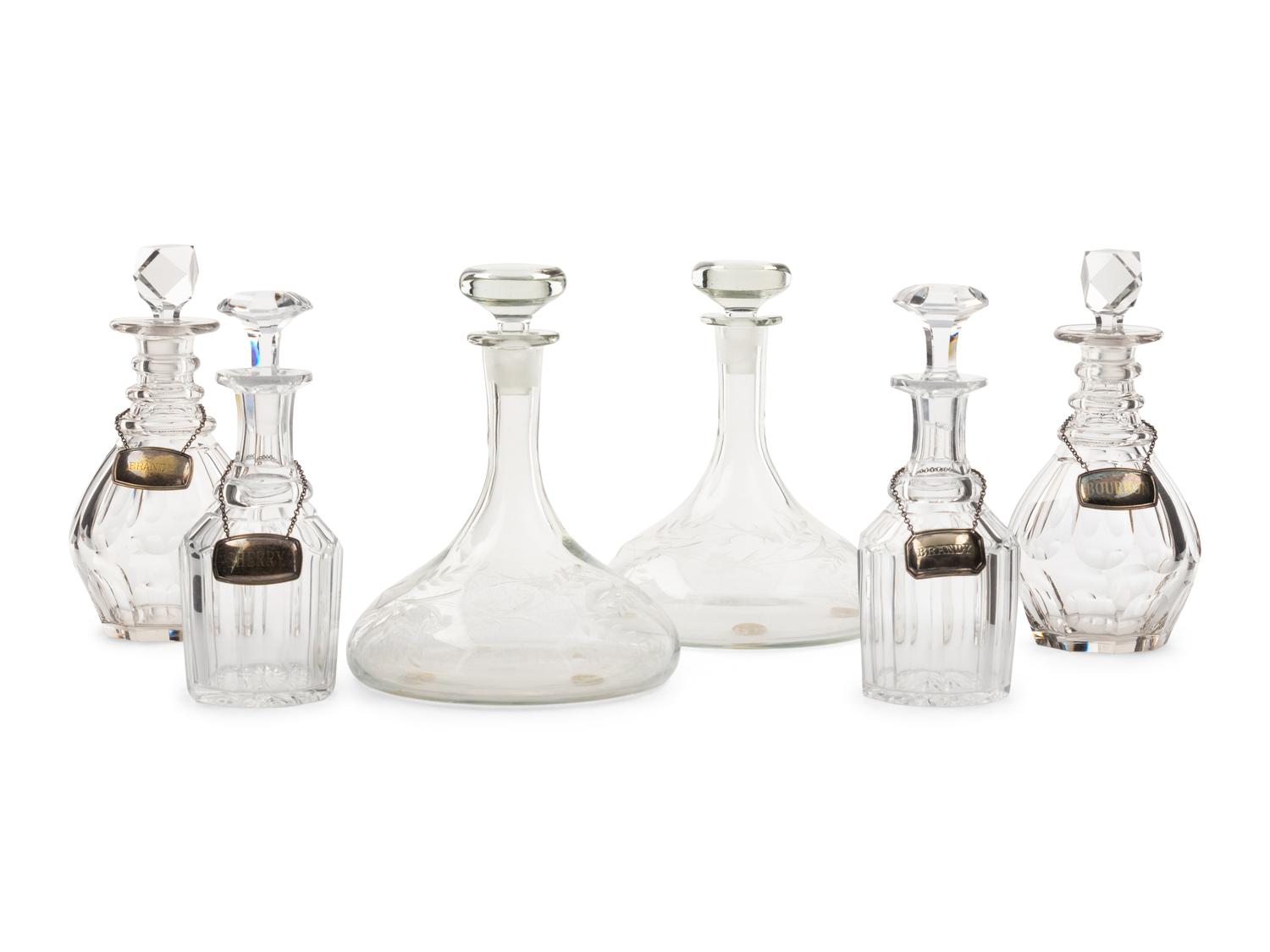 Six English Cut and Etched Glass Decanters