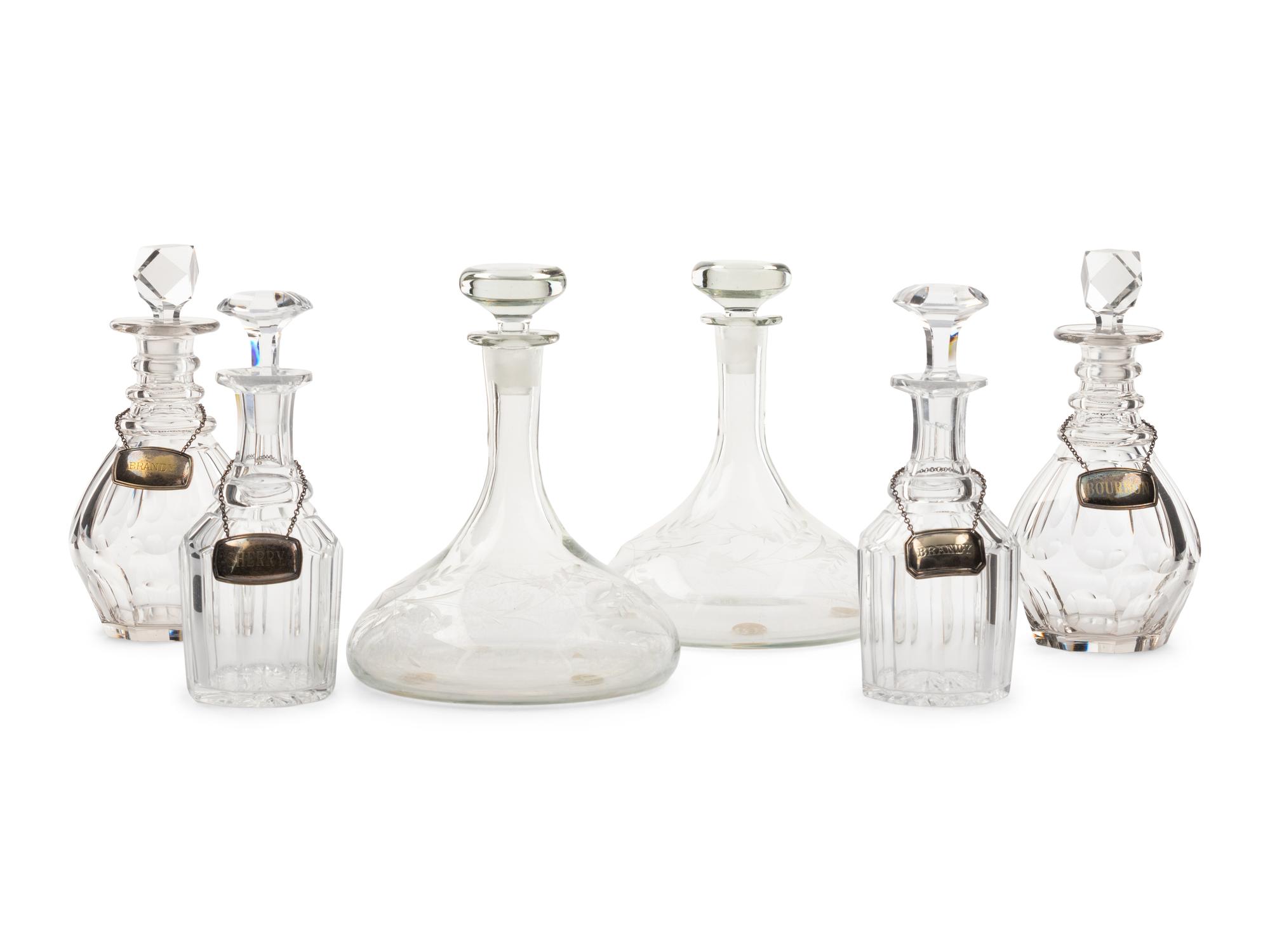 Six English Cut and Etched Glass Decanters