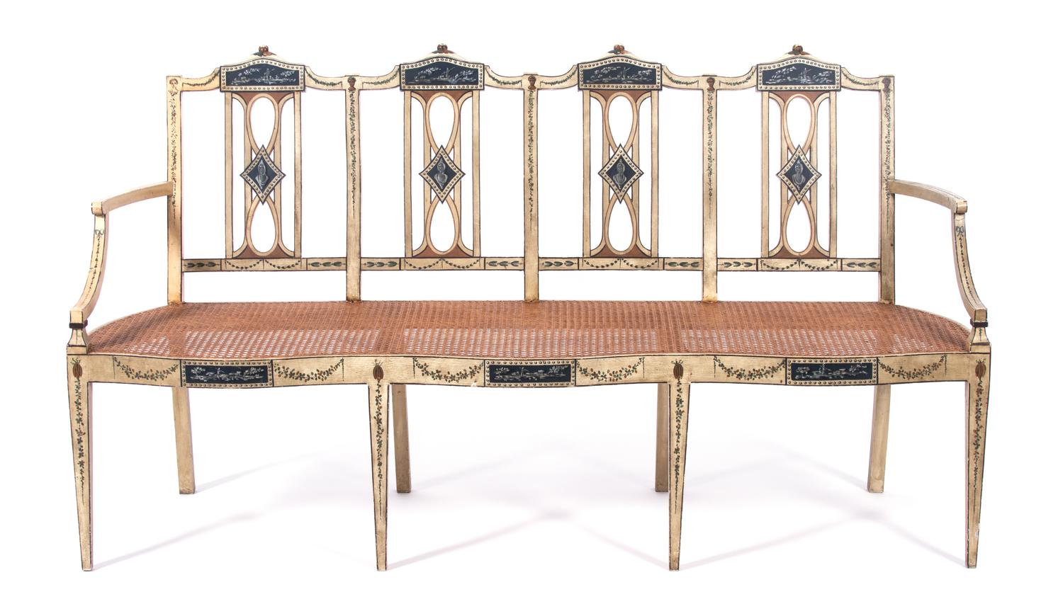A George III Style Painted Chairback Settee Height 36 x width 65 x depth 21 inches. — 20TH CENTURY