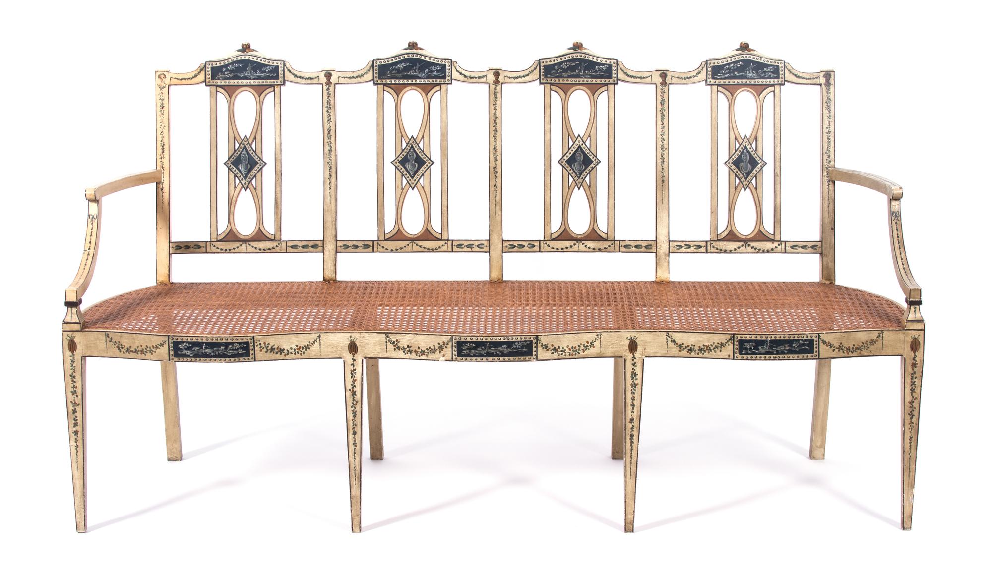 A George III Style Painted Chairback Settee Height 36 x width 65 x depth 21 inches. — 20TH CENTURY