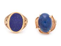 A Collection of 14 Karat Yellow Gold and Lapis Lazuli Rings,