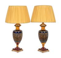 A Pair of Ugo Poggi Brass Mounted Amber and Cobalt Cut Glass Amphora-Form Lamps