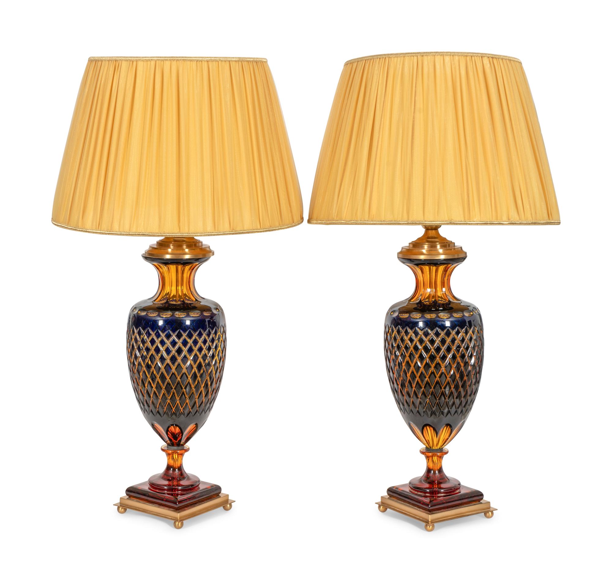 A Pair of Ugo Poggi Brass Mounted Amber and Cobalt Cut Glass Amphora-Form Lamps