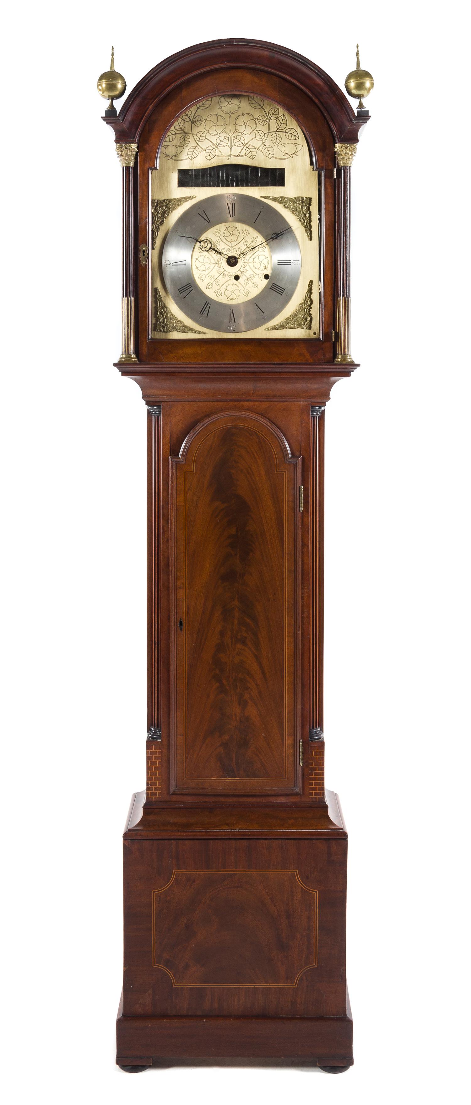 A Regency Gilt Metal Mounted Mahogany Pipe Organ Case Clock Height 90 1/2 x width 21 x depth 12 1/2 inches. — FIRST HALF 18TH CENTURY