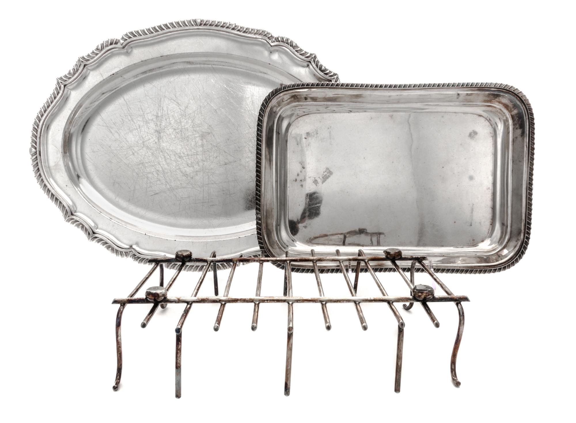 A Collection of Silver-Plate Serving Articles, 20th Century, comprising three trays, two covered sauce tureens and a covered entree.