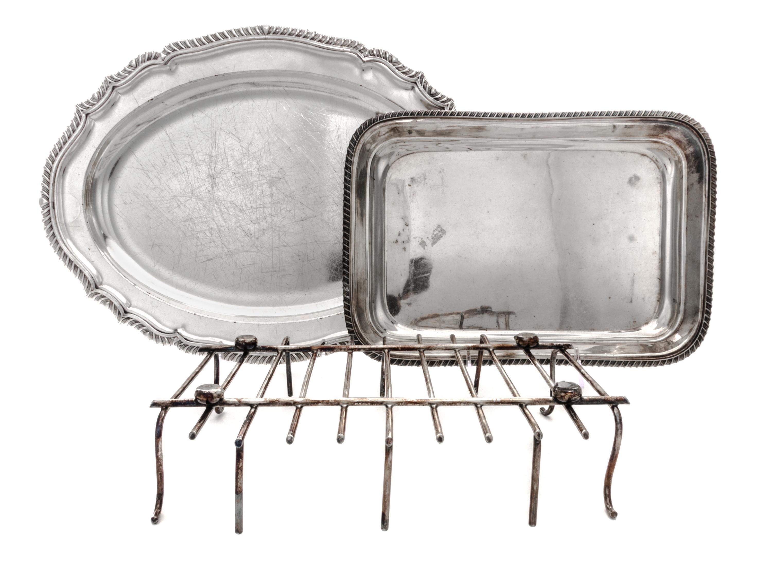 A Collection of Silver-Plate Serving Articles, 20th Century, comprising three trays, two covered sauce tureens and a covered entree.