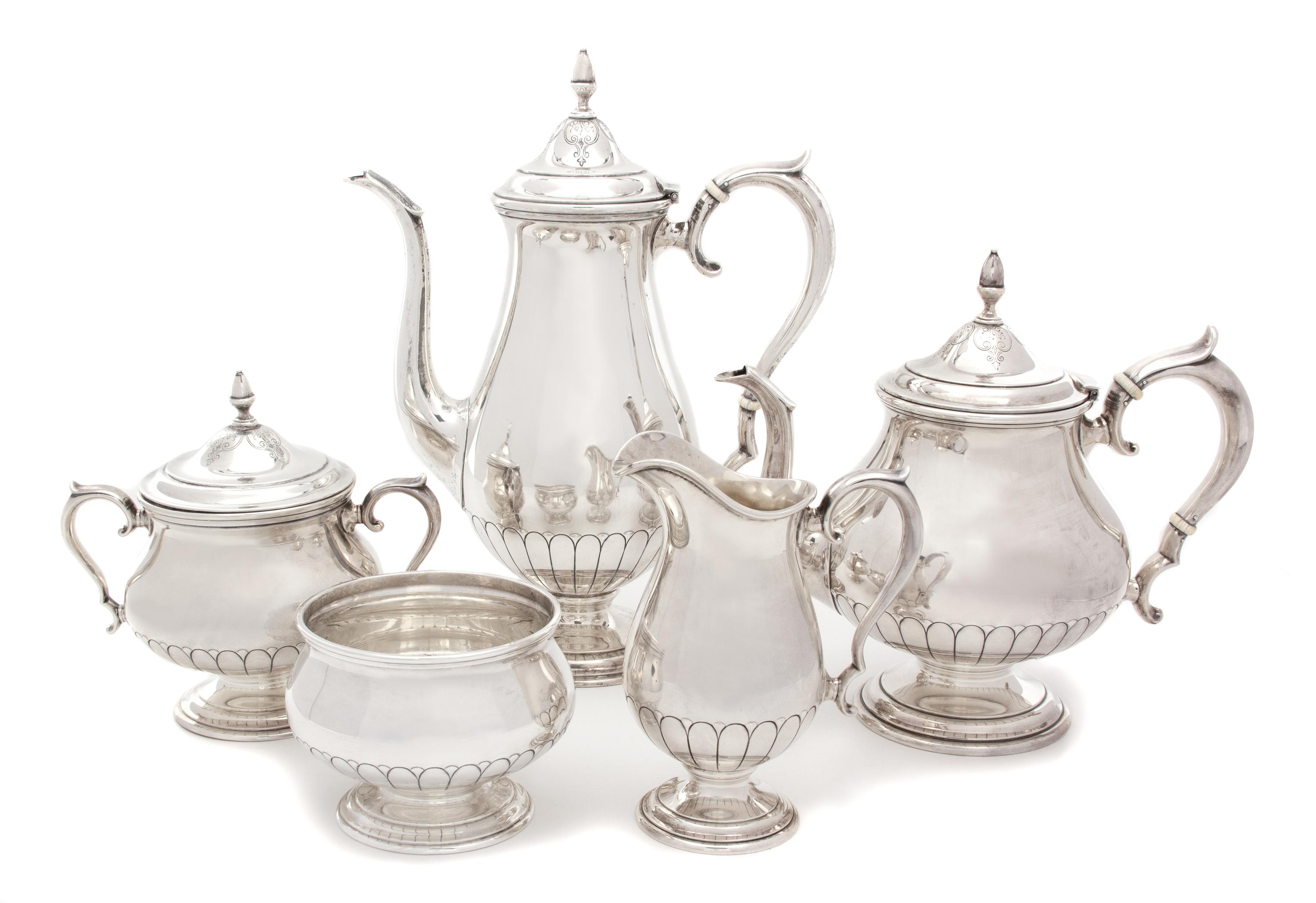 An American Silver Five Piece Tea Service, Towle, Newburyport, MA, 20th Century, comprising a tea pot, a coffee pot, a covered sugar bo