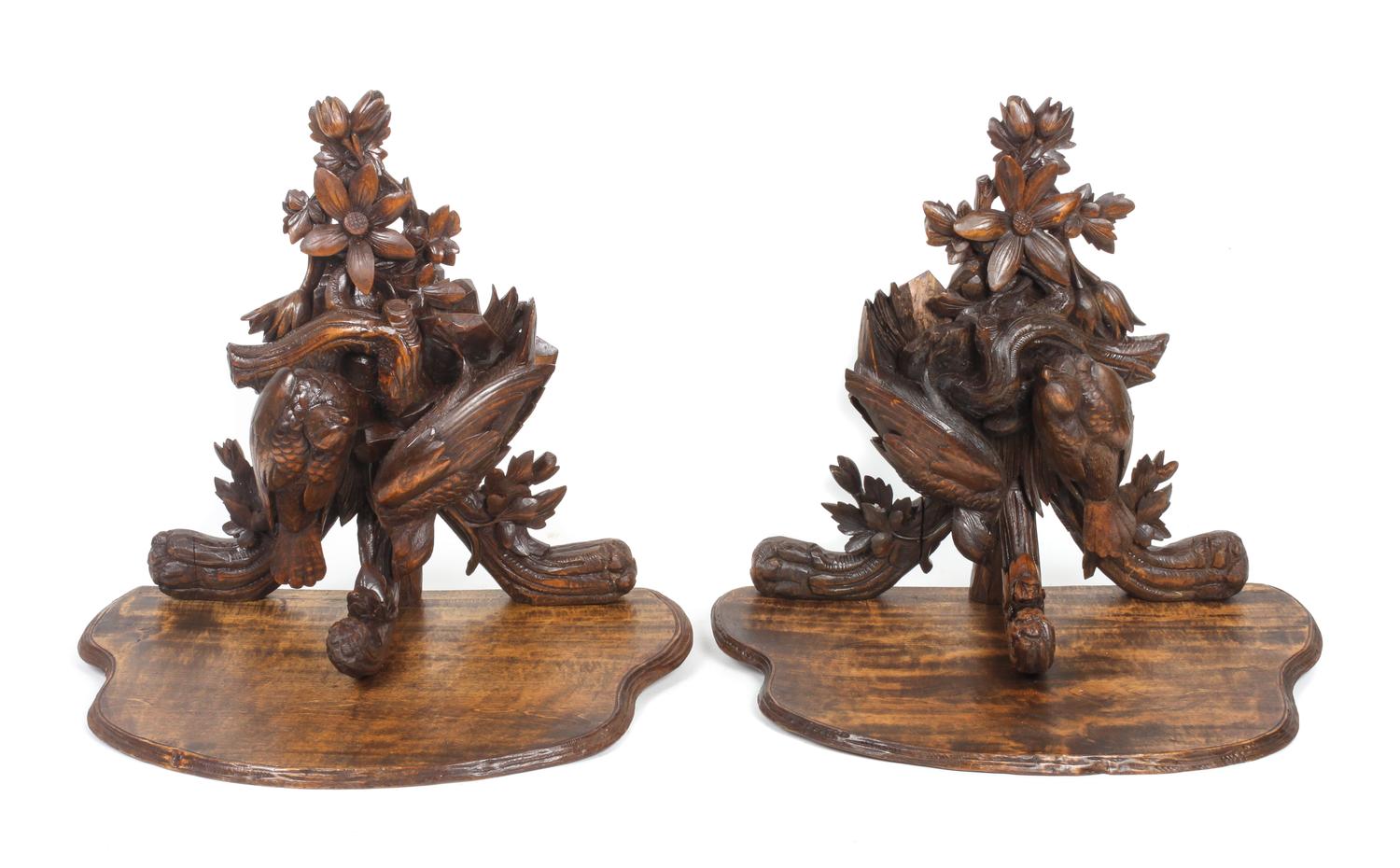 A Pair of Black Forest Style Wall Brackets Height 16 1/2 x width 18 x depth 10 1/2 inches. — 20TH CENTURY