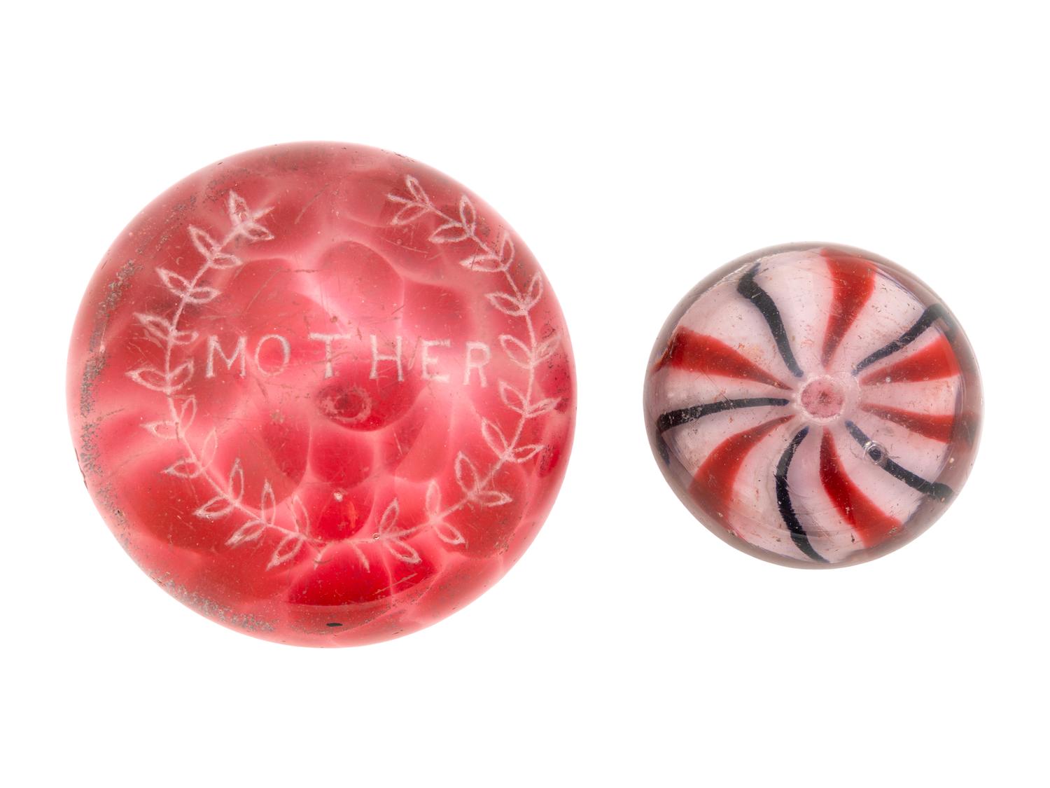 Three American Frit Mother Motto Glass Paperweights and a Two-Color Crown Glass Paperweight