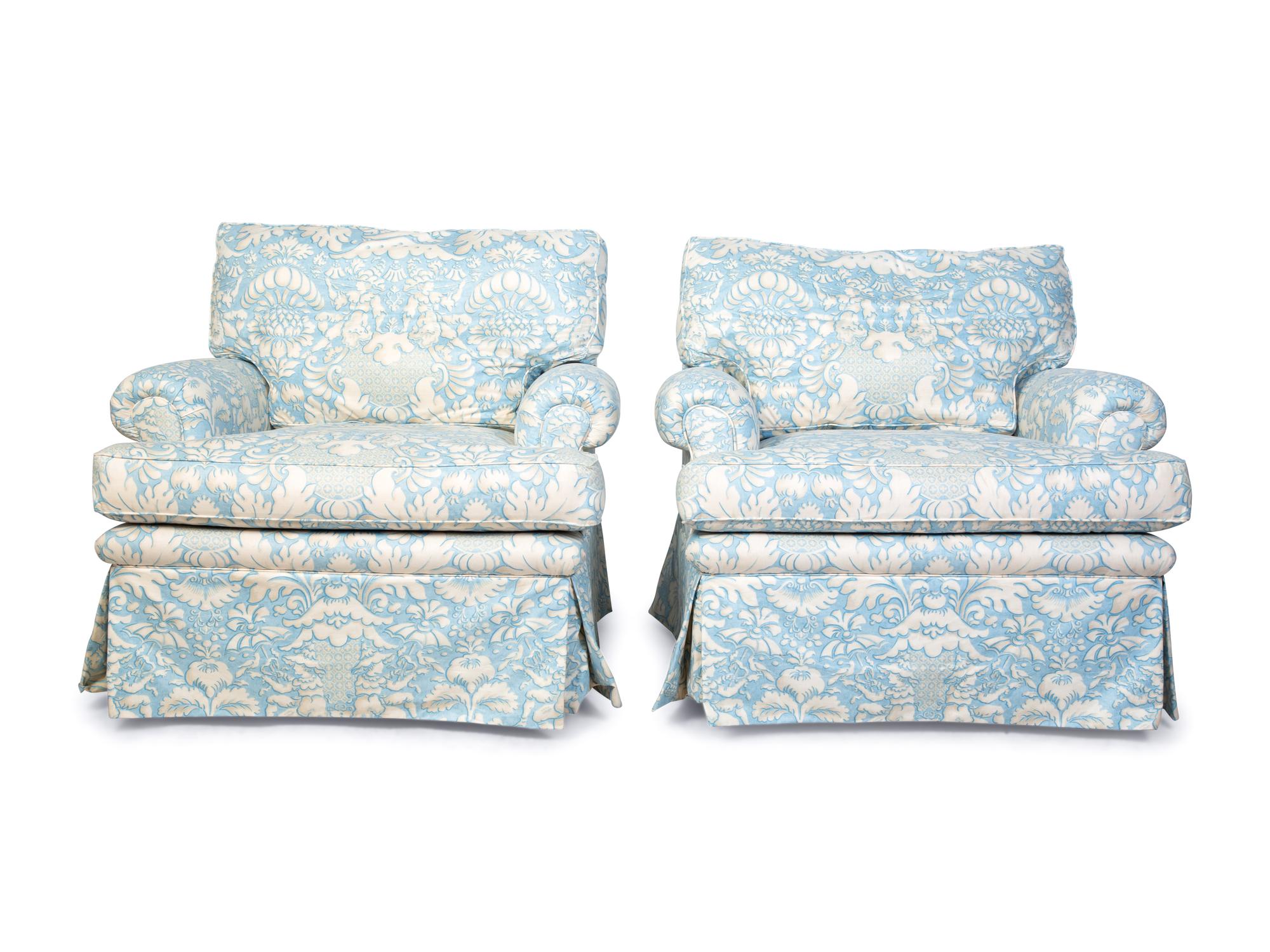 A Pair of Blue and White Upholstered Club Chairs — 20TH CENTURY