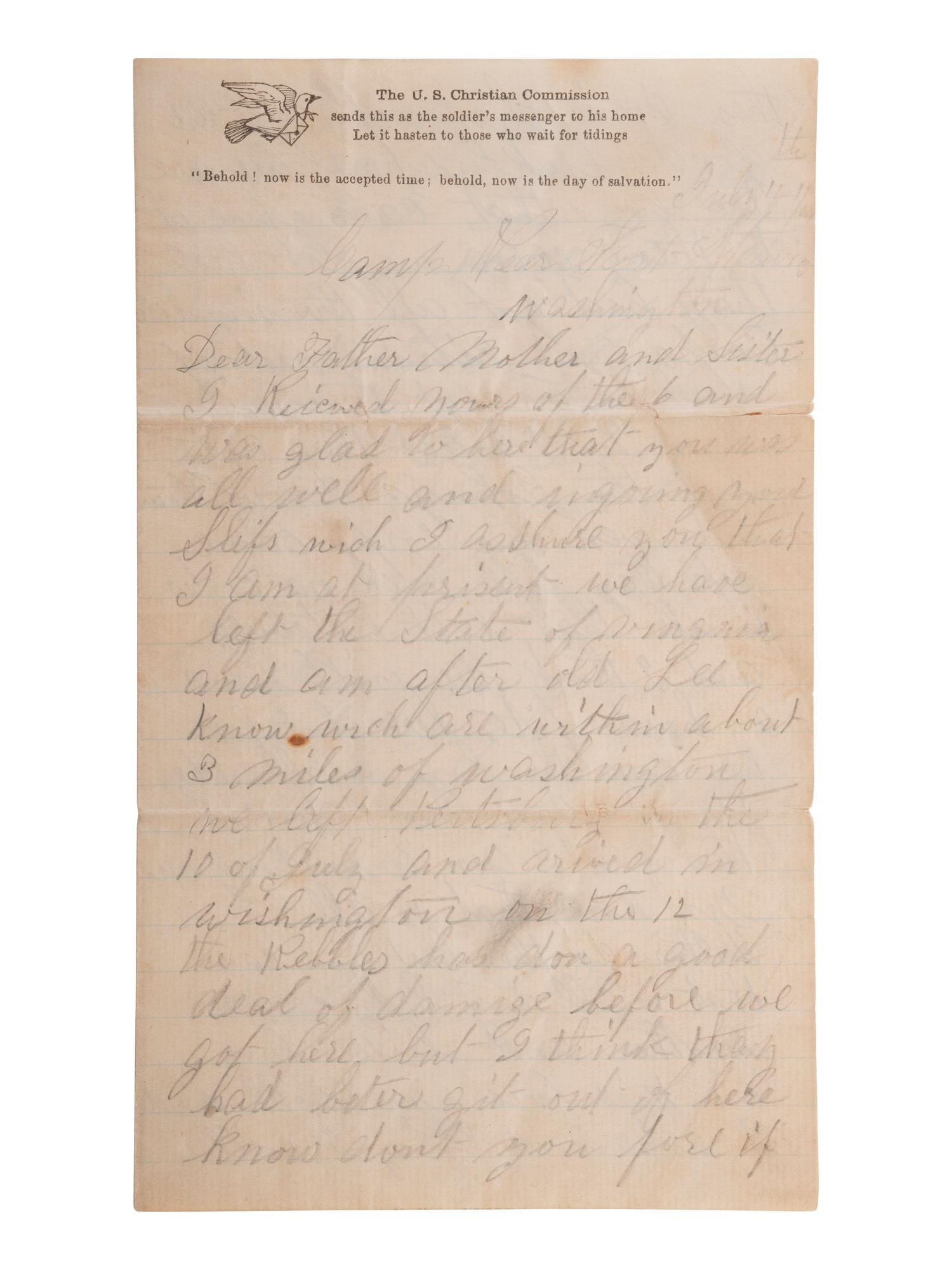[CIVIL WAR]. Letter written by Sergeant Richard Castle, Company G, 43rd New York Volunteer Infantry, on the day he was KIA at Fort Stevens. "Camp Near Fort Stevens, Washington," 12 July 1864.