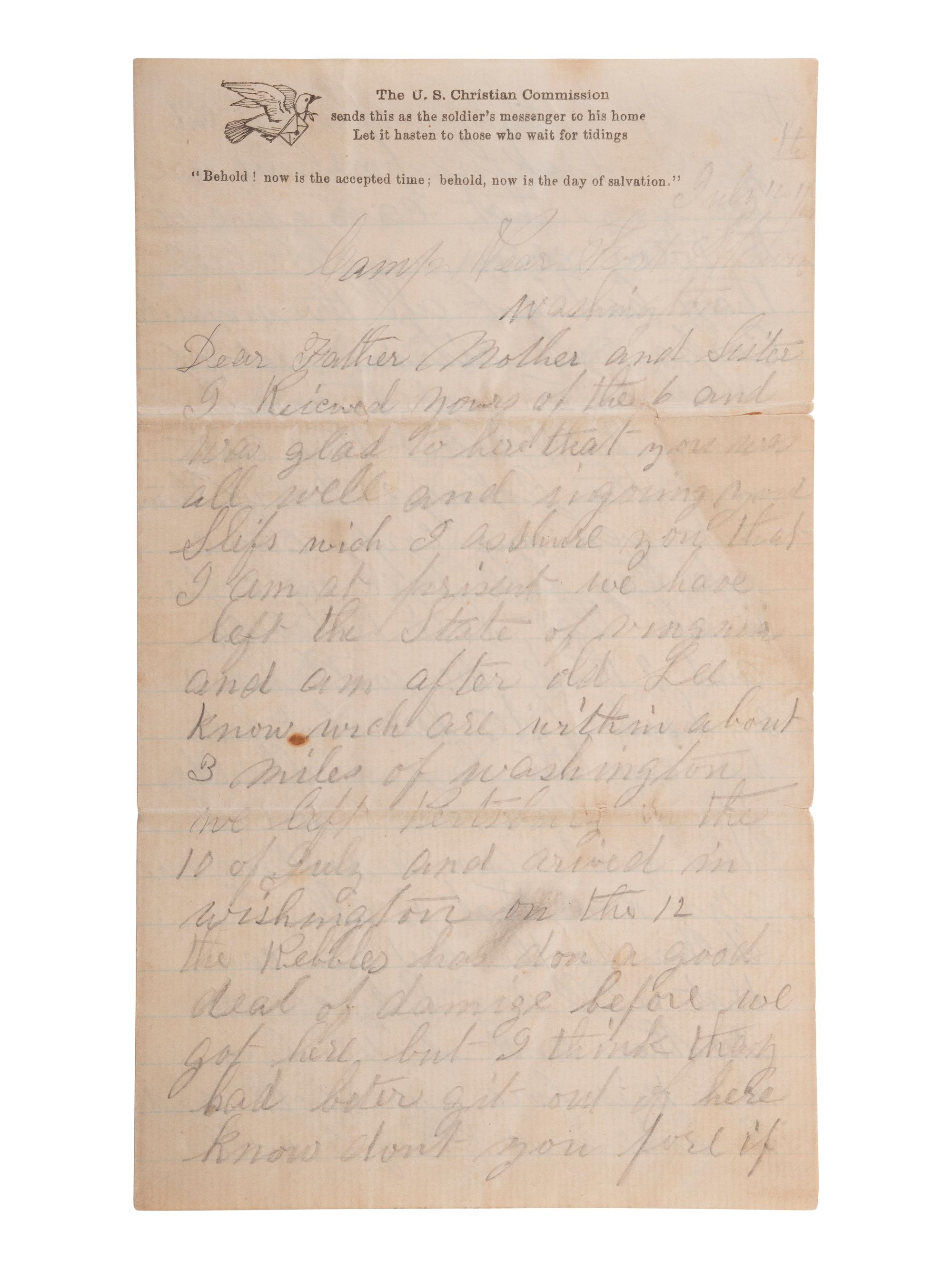[CIVIL WAR]. Letter written by Sergeant Richard Castle, Company G, 43rd New York Volunteer Infantry, on the day he was KIA at Fort Stevens. "Camp Near Fort Stevens, Washington," 12 July 1864.
