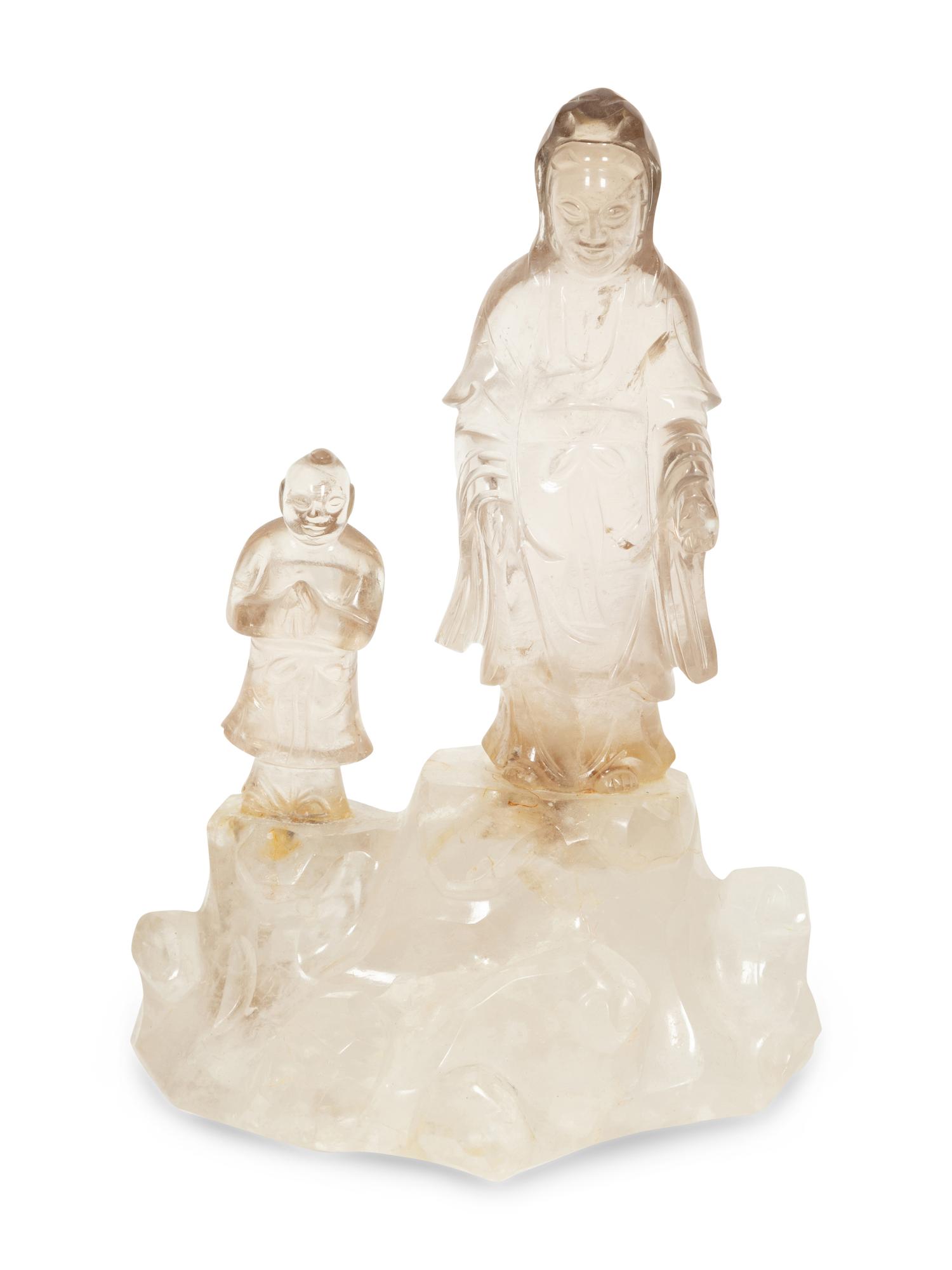 A Chinese Carved Rock Crystal Figure of Guanyin and Attendant
