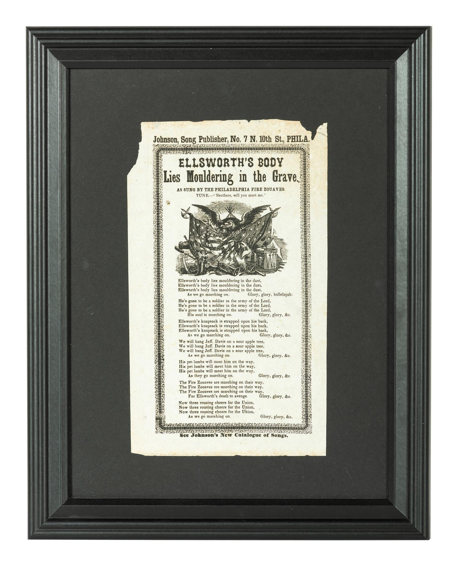 [CIVIL WAR]. A group of 2 items mourning the loss of Elmer Ellsworth, incl. gem-sized tintype memorial pin and illustrated broadside.
