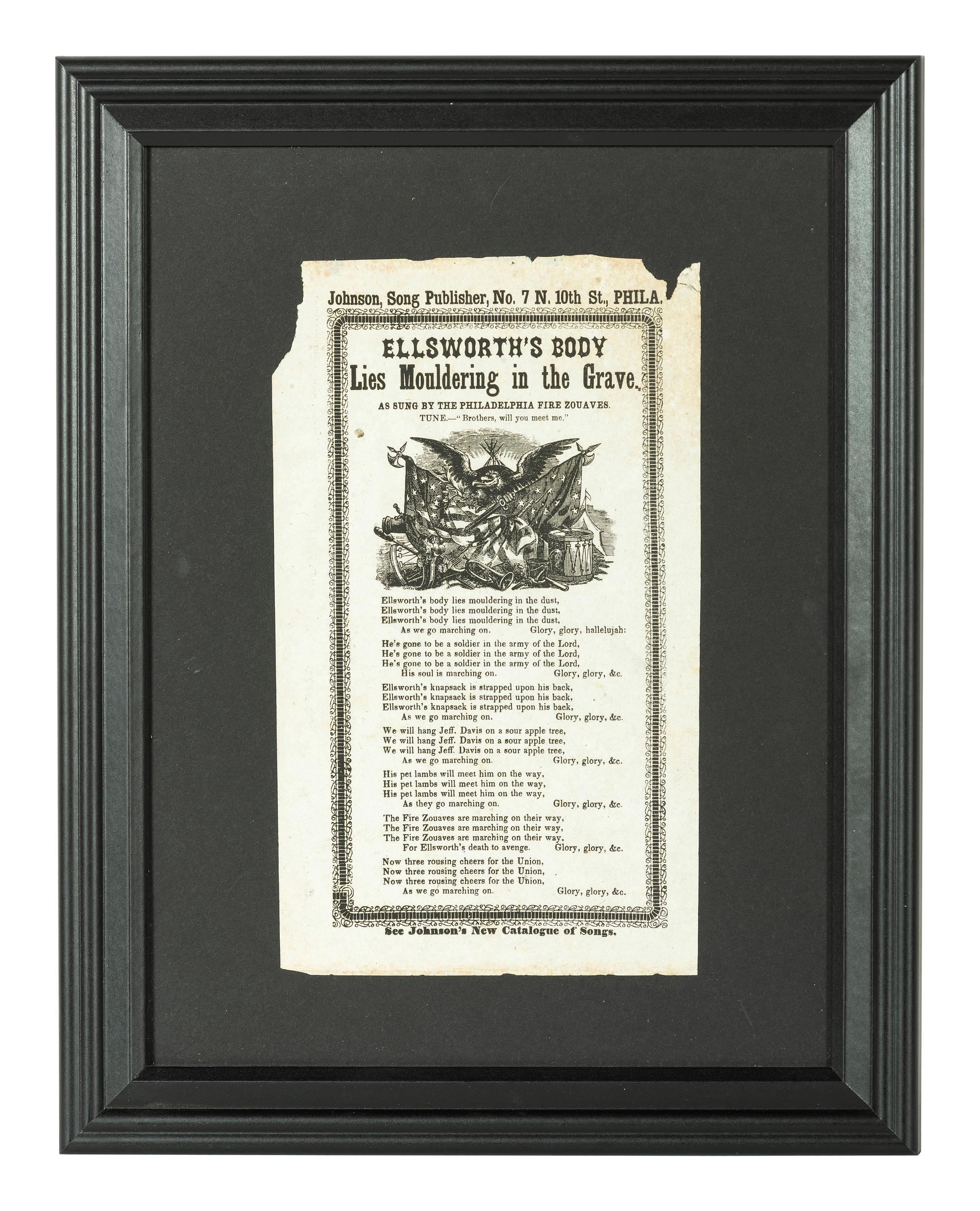 [CIVIL WAR]. A group of 2 items mourning the loss of Elmer Ellsworth, incl. gem-sized tintype memorial pin and illustrated broadside.