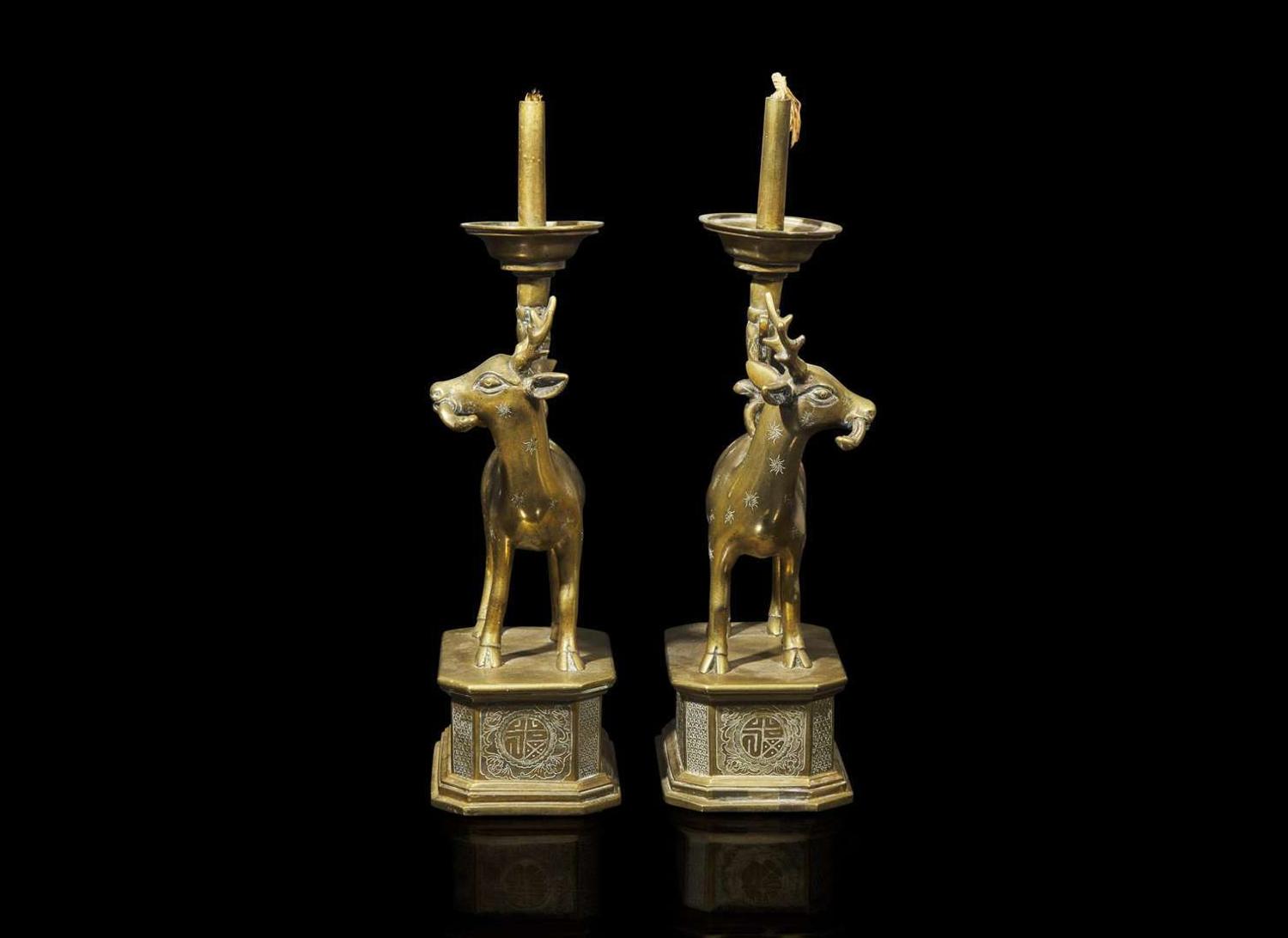 A pair of Chinese huangtong "Deer" lamps, Qing dynasty 鹿形燭臺一對 清