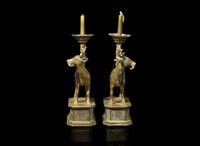 A pair of Chinese huangtong "Deer" lamps, Qing dynasty 鹿形燭臺一對 清