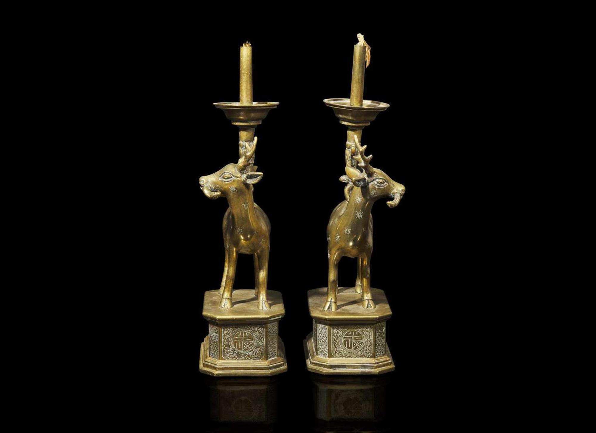 A pair of Chinese huangtong "Deer" lamps, Qing dynasty 鹿形燭臺一對 清