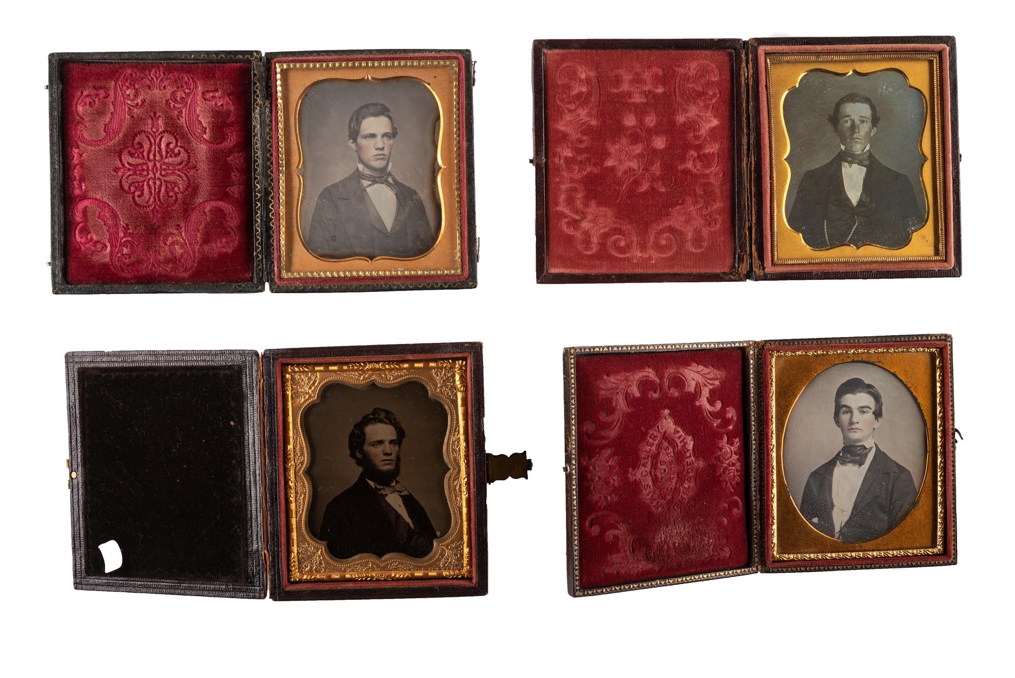 [EARLY PHOTOGRAPHY]. A group of 19 cased images, mostly daguerreotypes of young men, highlighted by portraits by Van Loan and Ennis Galleries, including: