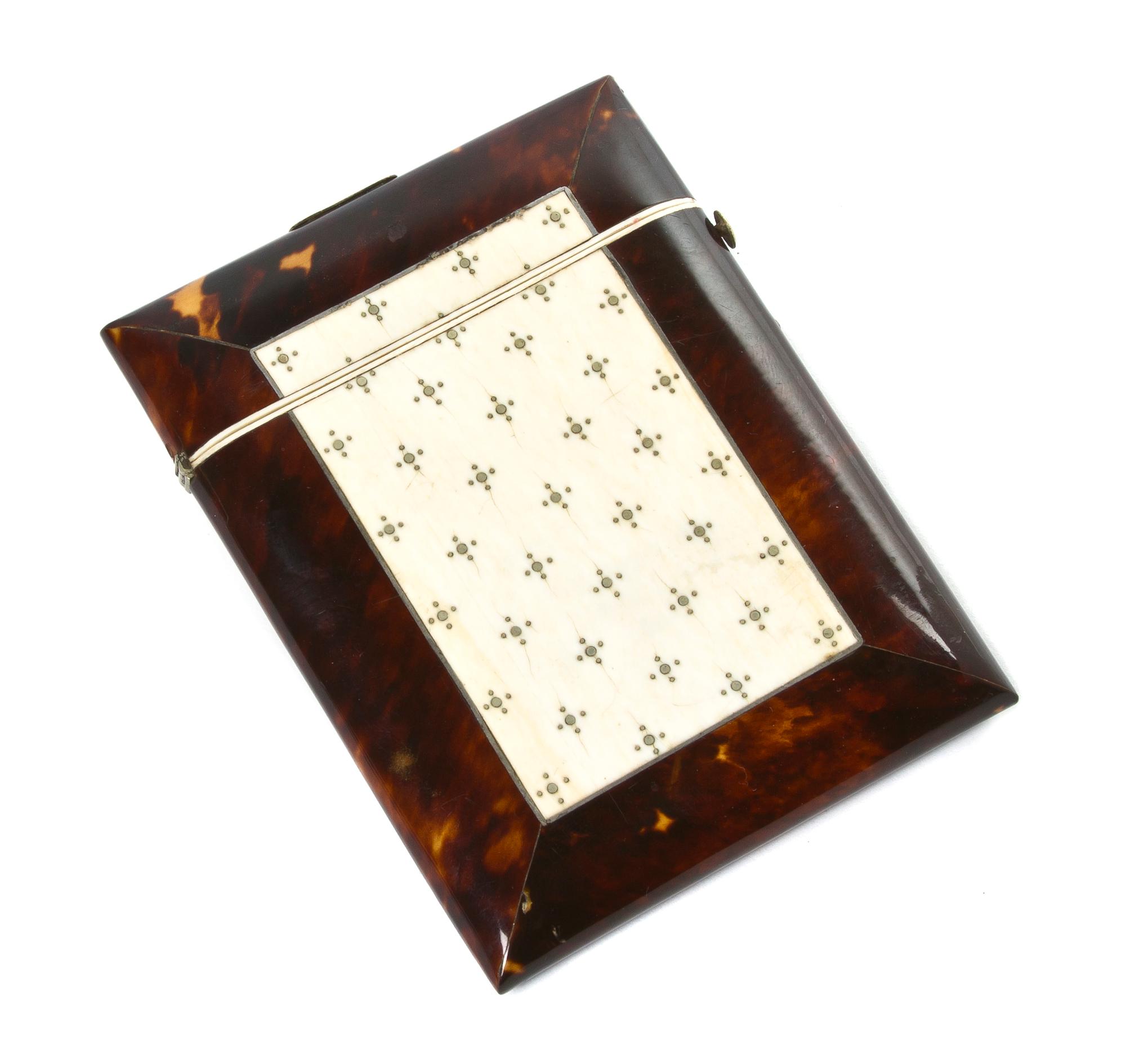 A Tortoise Shell and Ivory Veneered Card Case, Height 4 1/2 inches.
