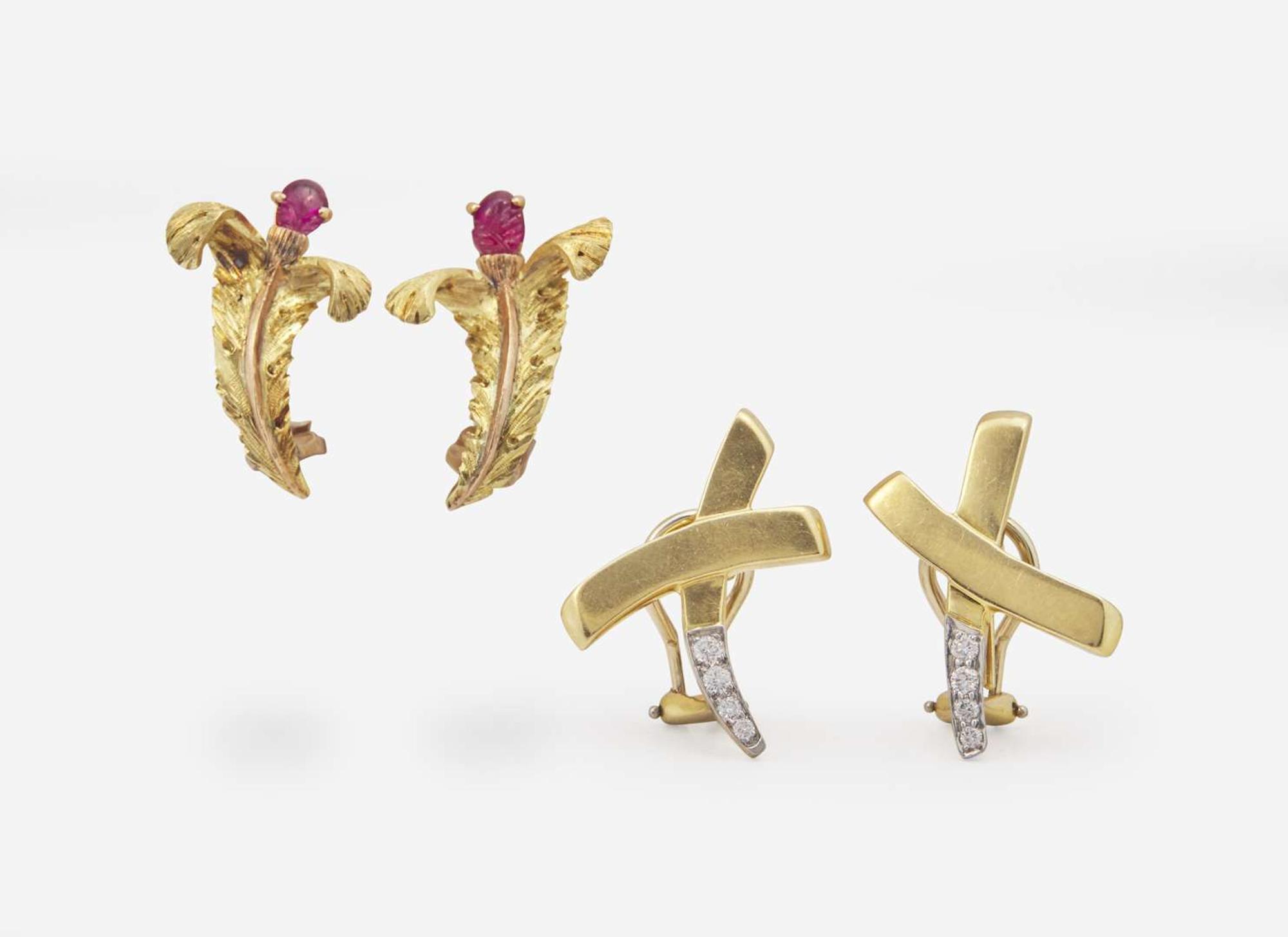 Two Pairs of Designer Yellow Gold and Gemstone Ear Clips