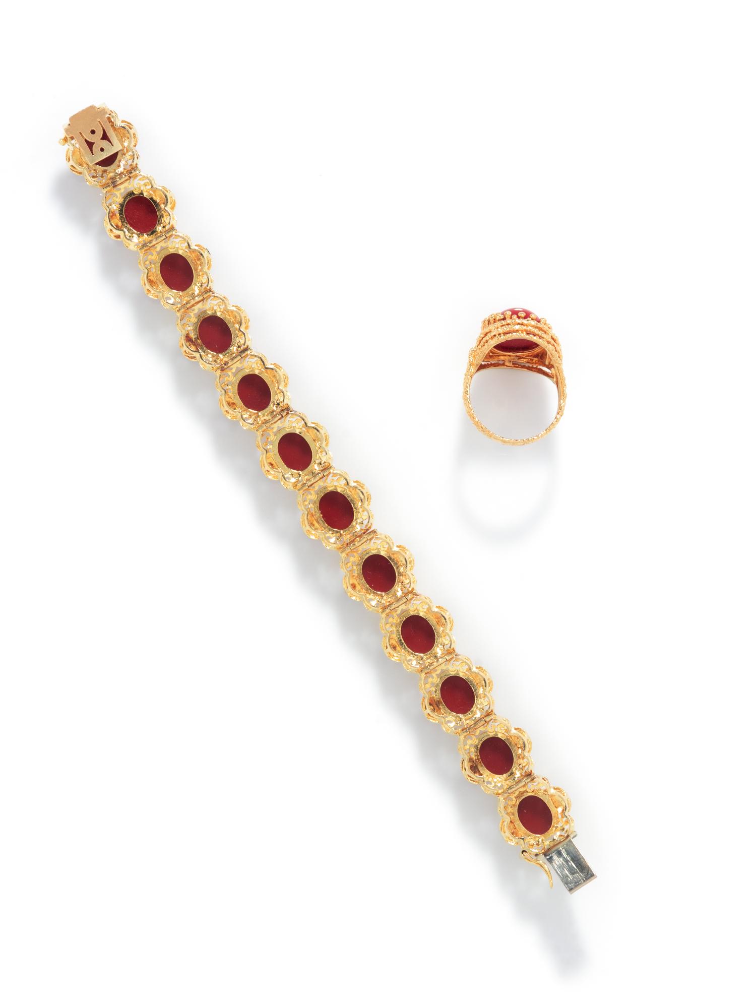COLLECTION OF YELLOW GOLD, IMITATION RED STONE, AND ENAMEL JEWELRY