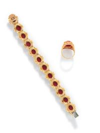 COLLECTION OF YELLOW GOLD, IMITATION RED STONE, AND ENAMEL JEWELRY