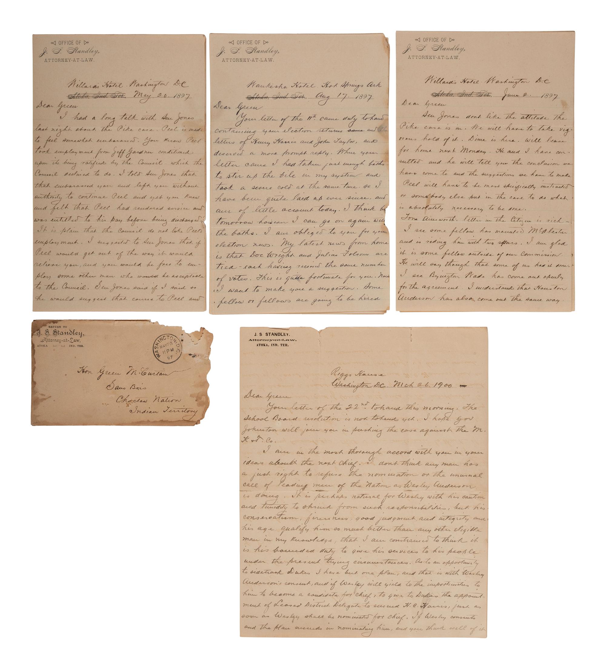 [NATIVE AMERICAN]. Letters from attorney and Confederate veteran James S. Standley to Chief Green McCurtain regarding Choctaw Nation politics.