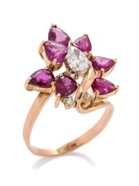 A 14 Karat Yellow Gold, Diamond and Ruby Ring,