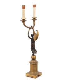 A Continental Gilt and Patinated Bronze Figural Two-Light Candelabrum Mounted as a Lamp