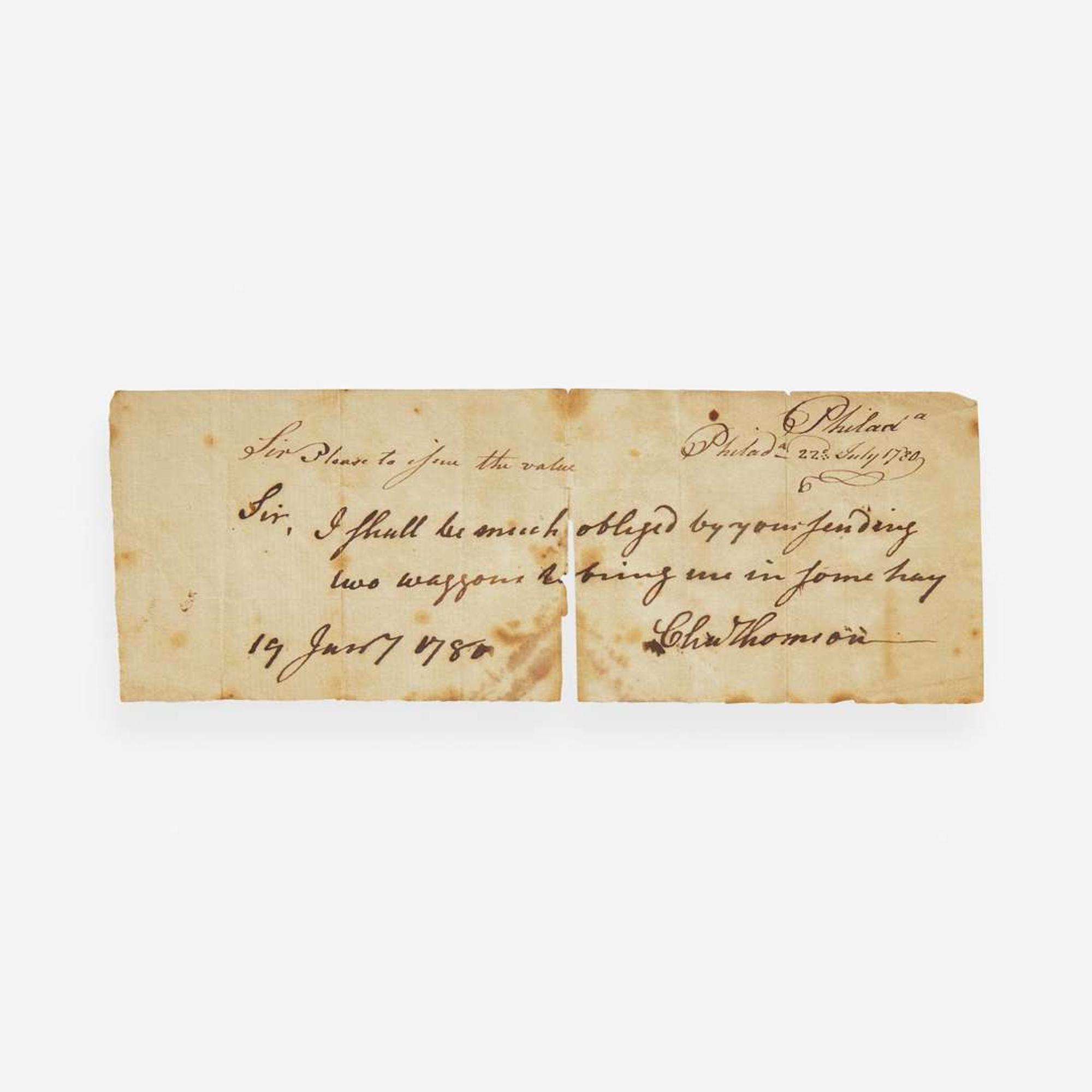 [Americana] Biddle, Clement, and Owen Biddle, and Charles Thomson Group of 5 Documents, signed
