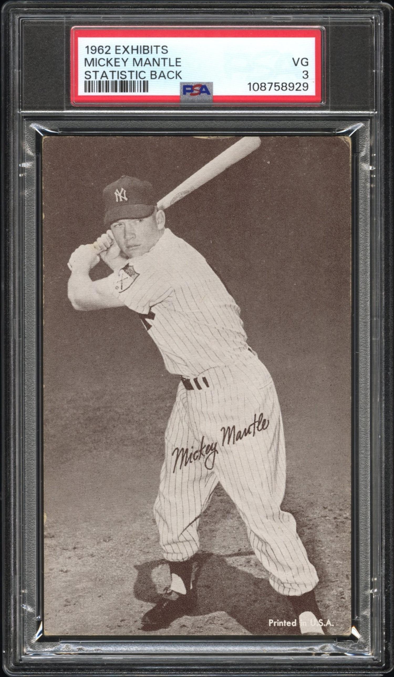 A 1962 Exhibits Mickey Mantle Baseball Card - Statistics Back (PSA 3 VG)