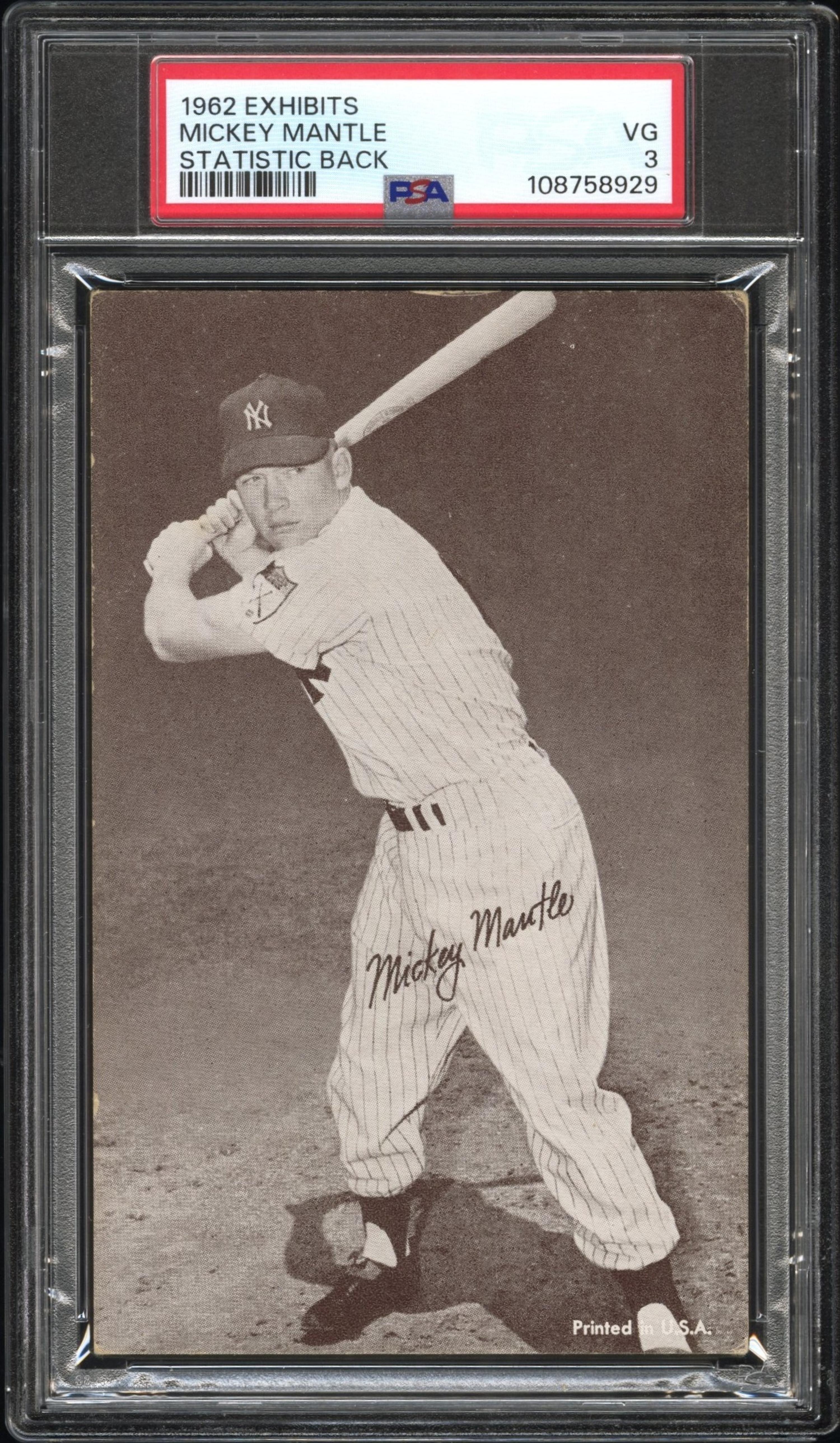 A 1962 Exhibits Mickey Mantle Baseball Card - Statistics Back (PSA 3 VG)