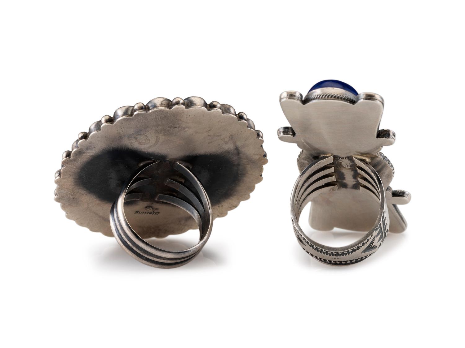 Large Sterling Silver and Lapis Ring, PLUS Sterling Silver, Coral, and Lapis Cluster Ring