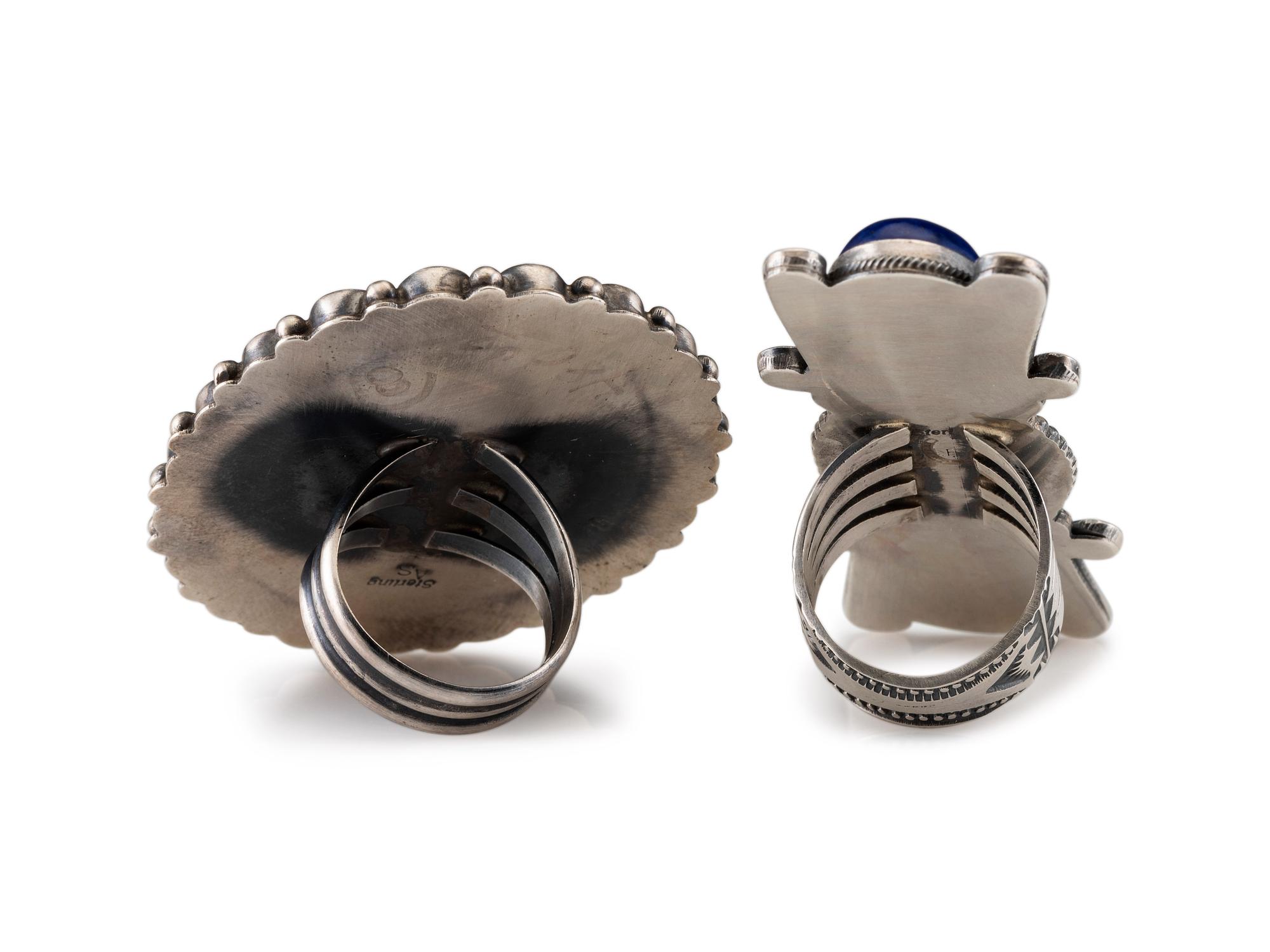 Large Sterling Silver and Lapis Ring, PLUS Sterling Silver, Coral, and Lapis Cluster Ring
