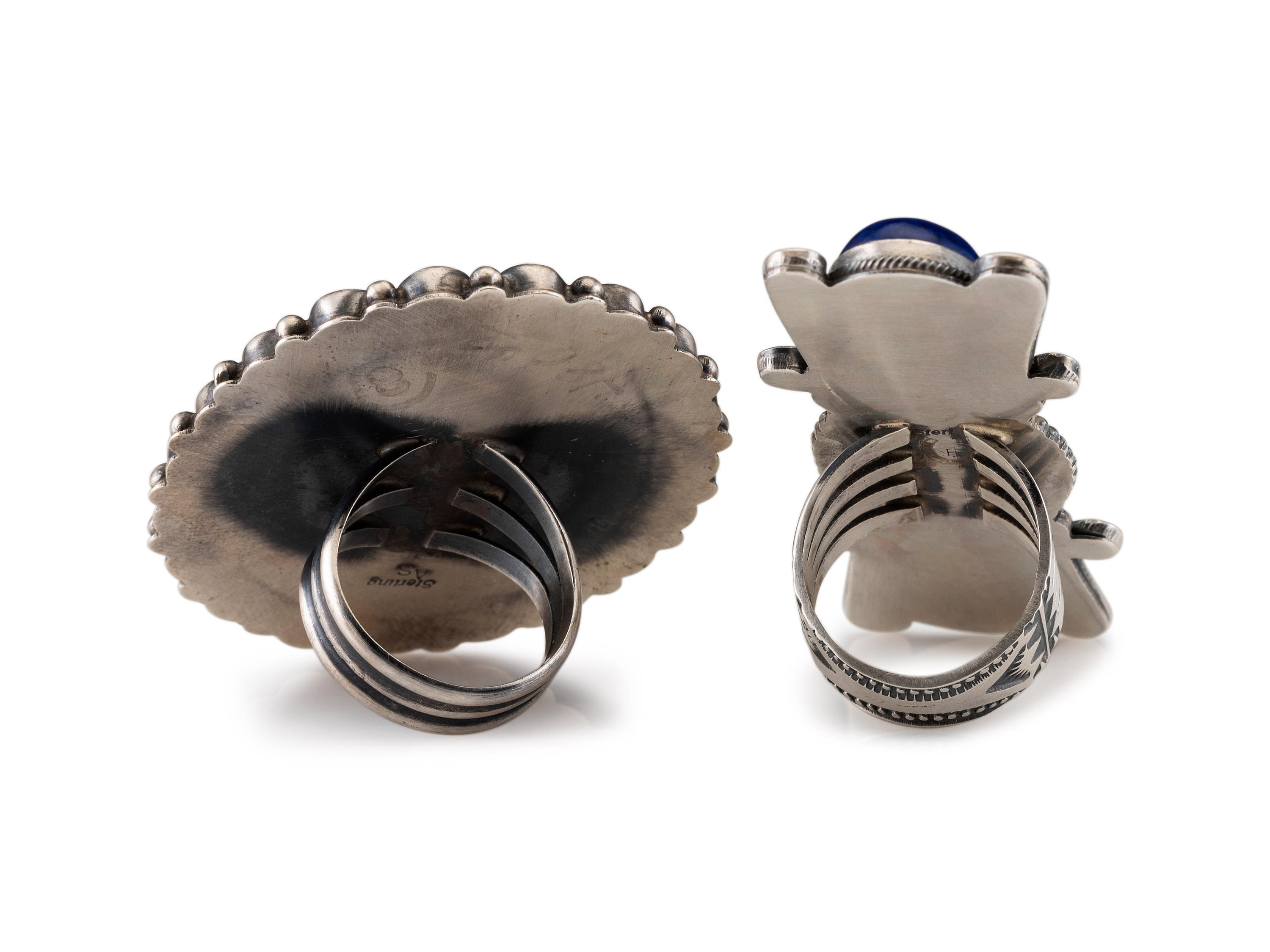 Large Sterling Silver and Lapis Ring, PLUS Sterling Silver, Coral, and Lapis Cluster Ring