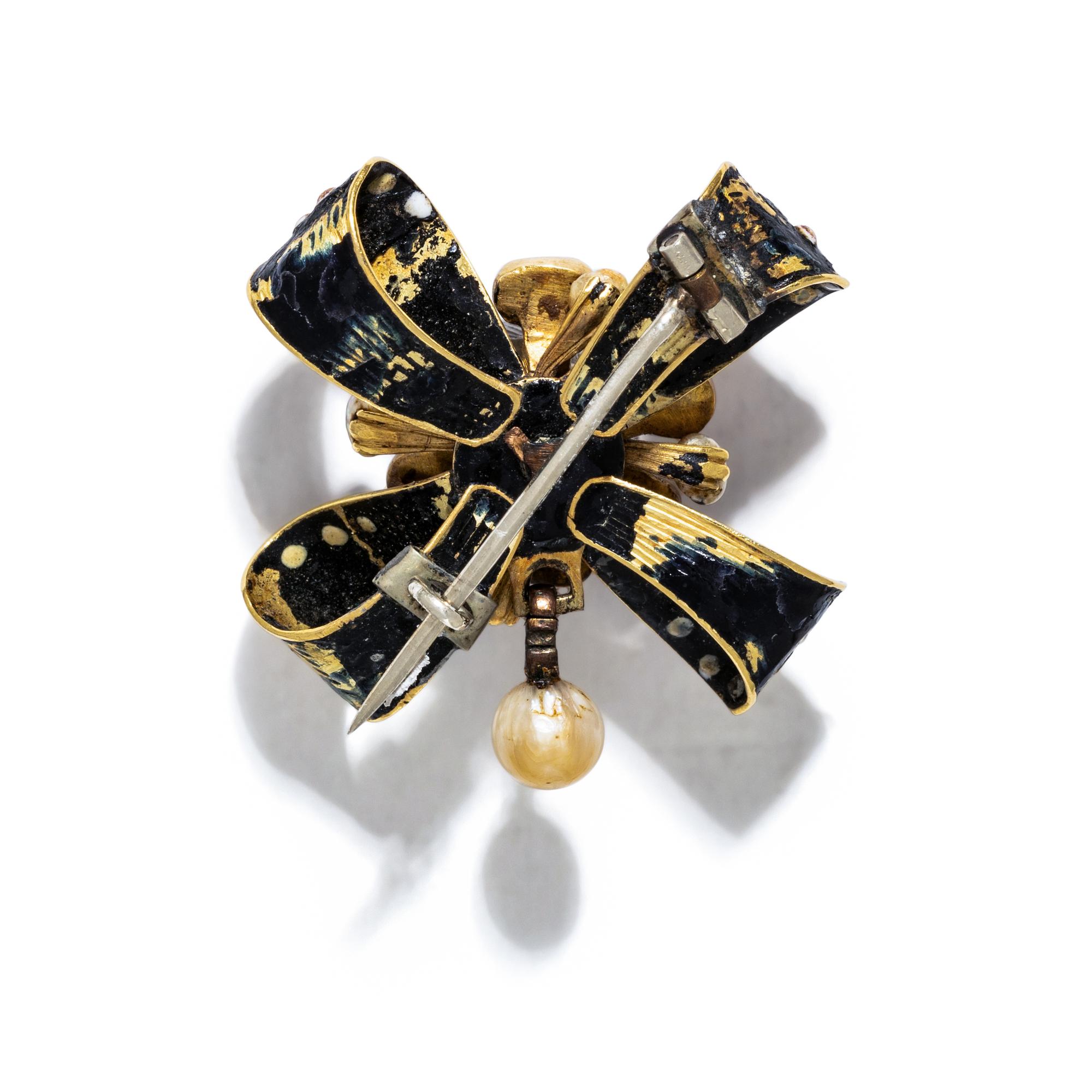 ANTIQUE, PEARL, RUBY AND ENAMEL BROOCH