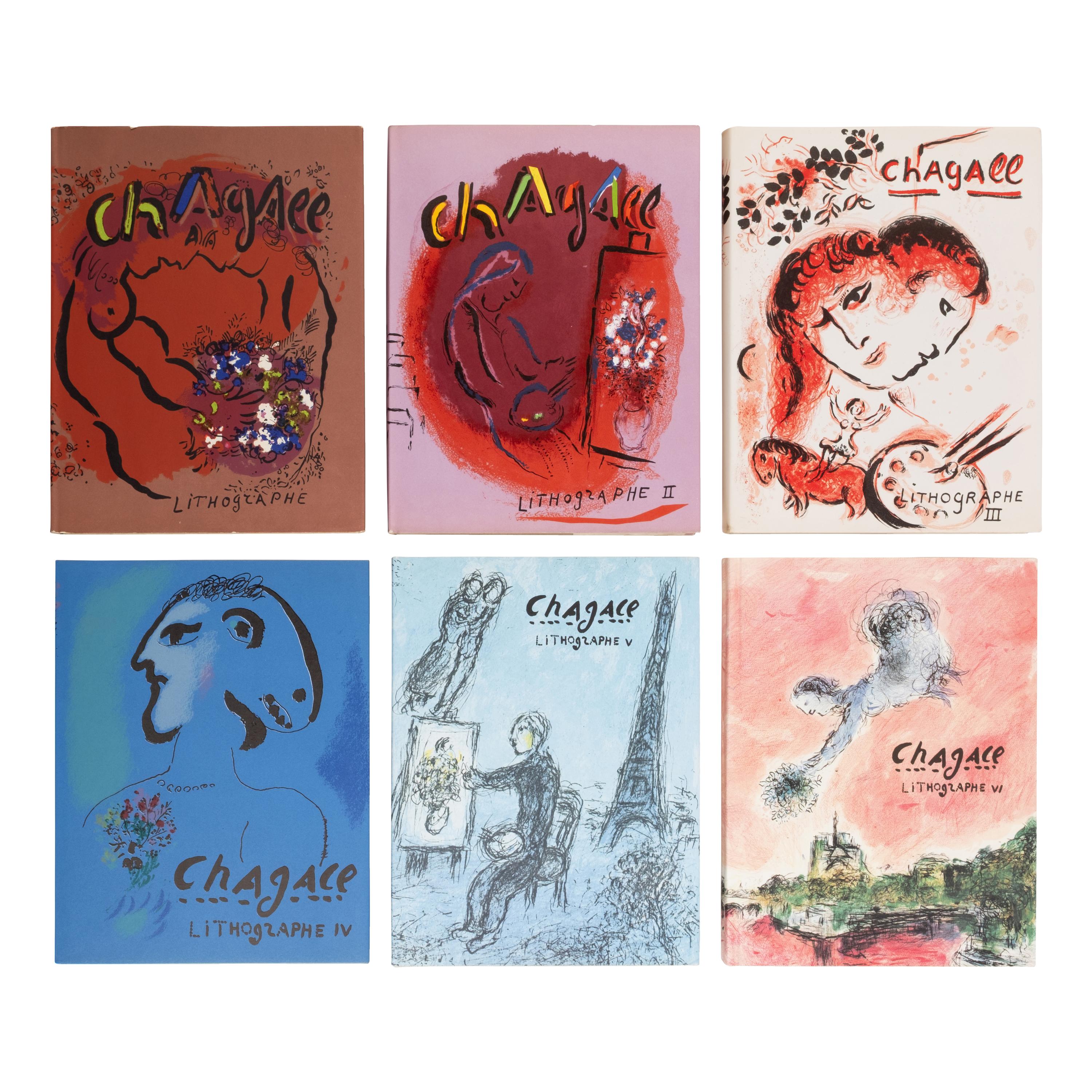 Chagall, Marc (1887-1985). The Lithographs of Chagall . Vol. I: Paris: Andre Sauret, 1960; Vol. II: Paris: Andre Sauret, 1963; Vol. III: Paris: Andre Sauret, 1969; Vols. IV, V and VI: Monte Carlo: Andre Sauret, 1974, 1984, 1986.