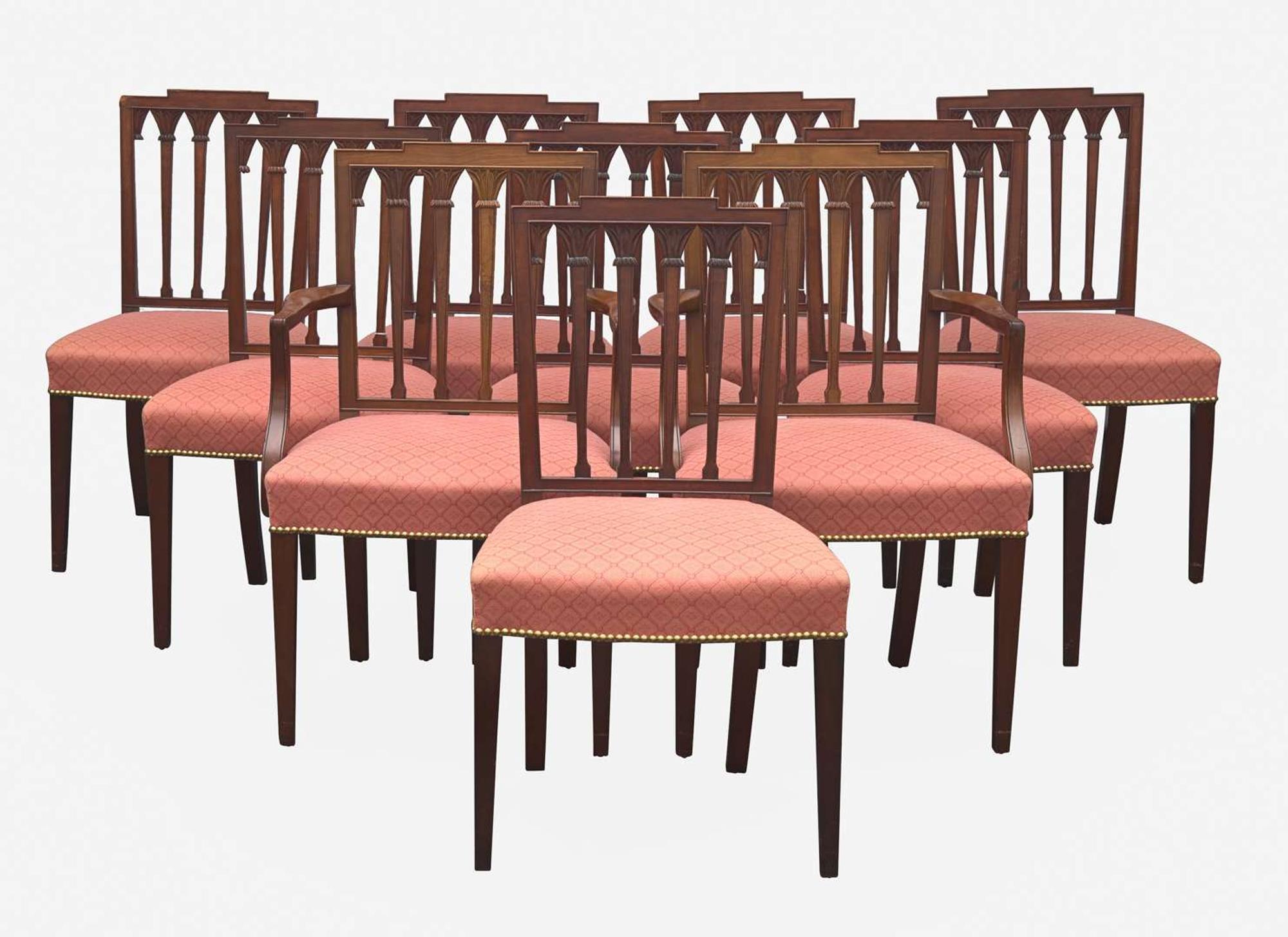 A set of ten Federal style square-back carved mahogany dining chairs, in the manner of Salem, MA, late 19th / early 20th century
