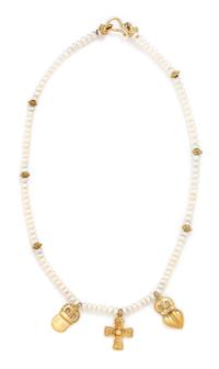 An 18 Karat Yellow Gold, Cultured Pearl and Diamond Necklace, 14.60 dwts.