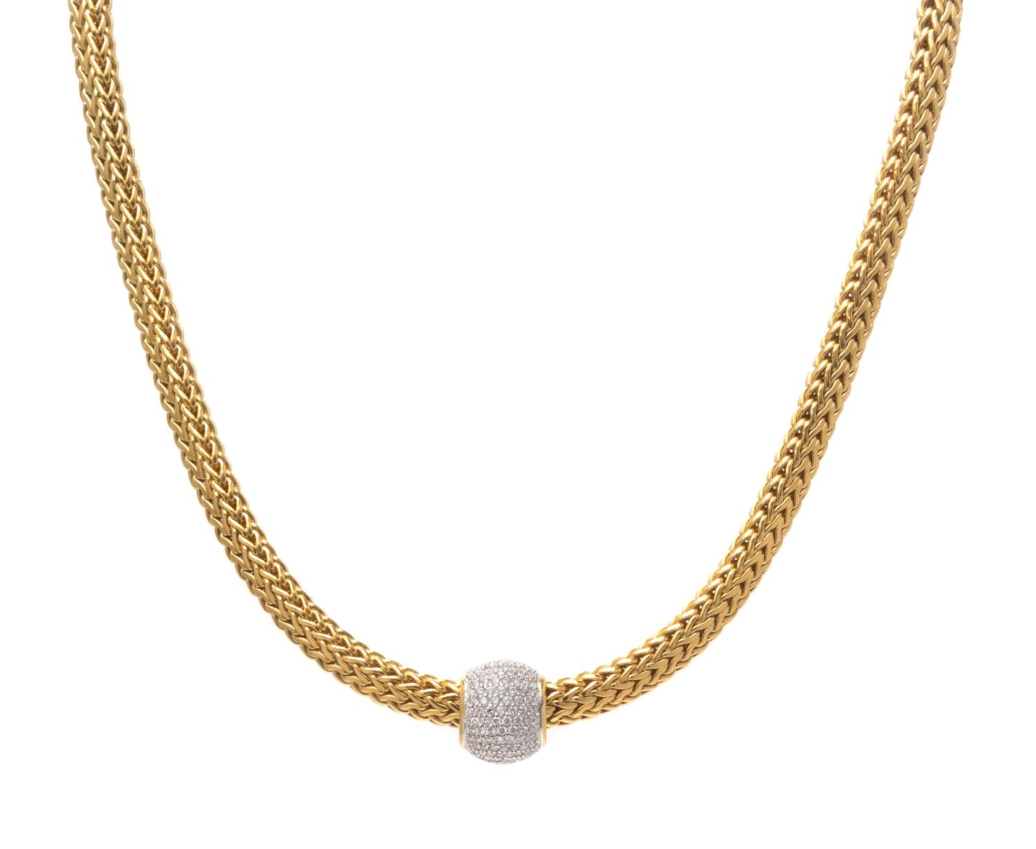 An 18 Karat Bicolor Gold Wheat Chain and Diamond Slide Pendant, John Hardy, 58.60 dwts.