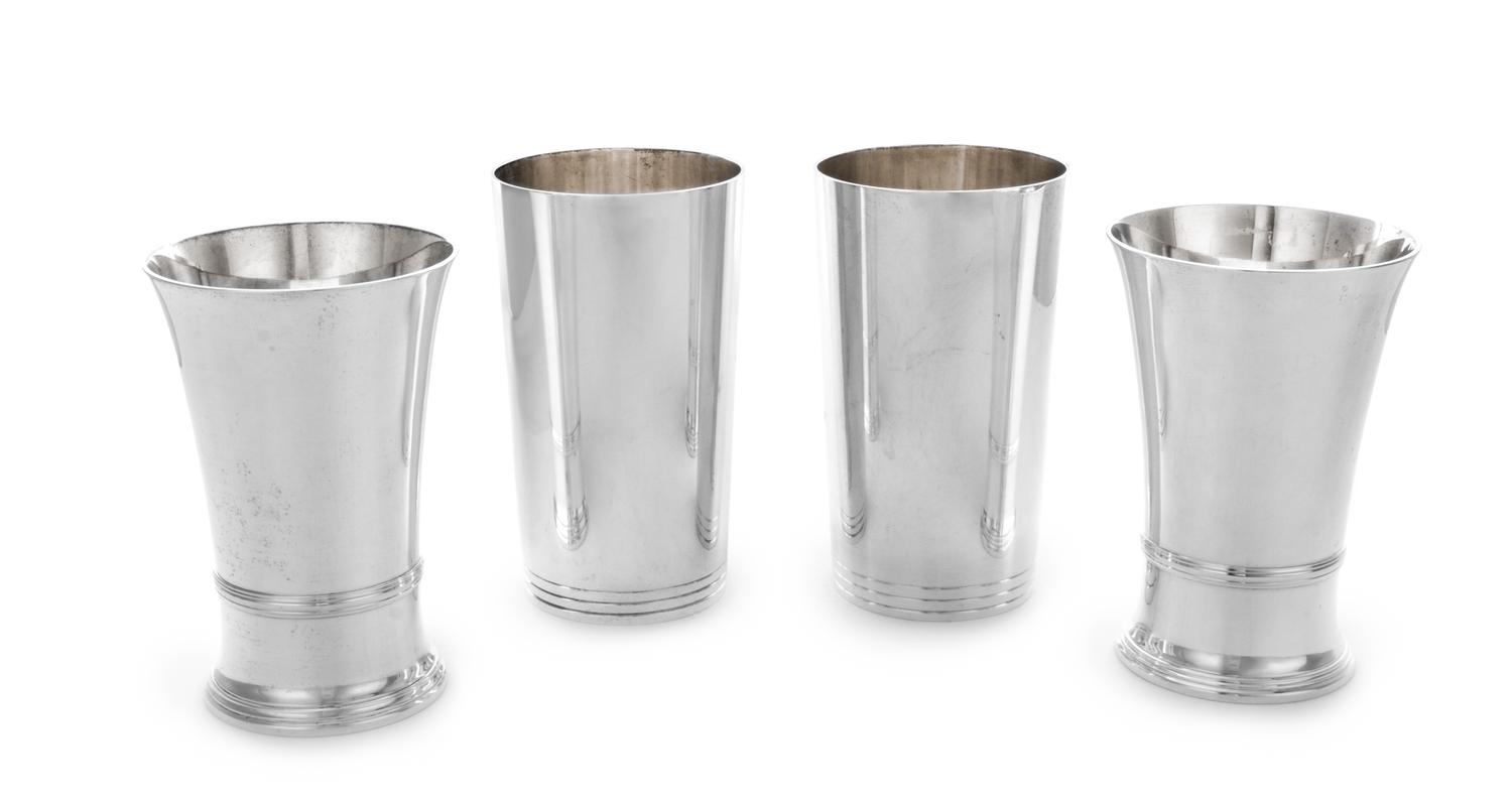 Two Pairs of American Silver Julep Cups, Tiffany & Co., New York, NY, one pair with a banded base, the other pair having a fluted rim a
