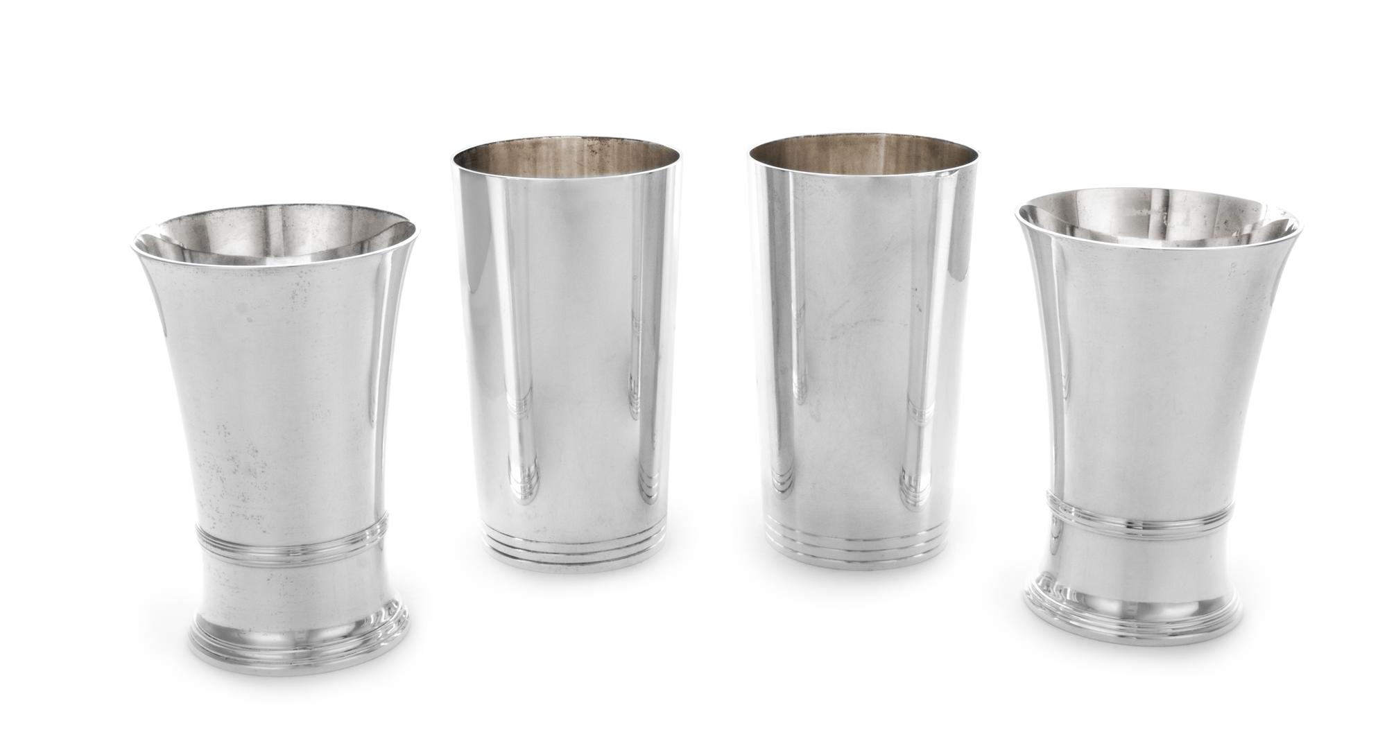 Two Pairs of American Silver Julep Cups, Tiffany & Co., New York, NY, one pair with a banded base, the other pair having a fluted rim a