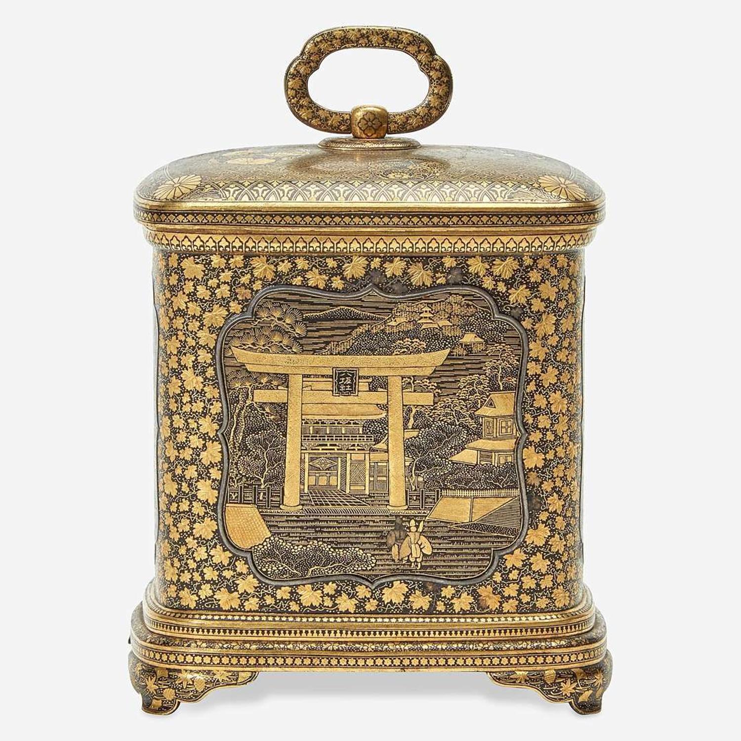 A Japanese gold-inlaid iron miniature cabinet, Komai workshops, Kyoto Meiji period