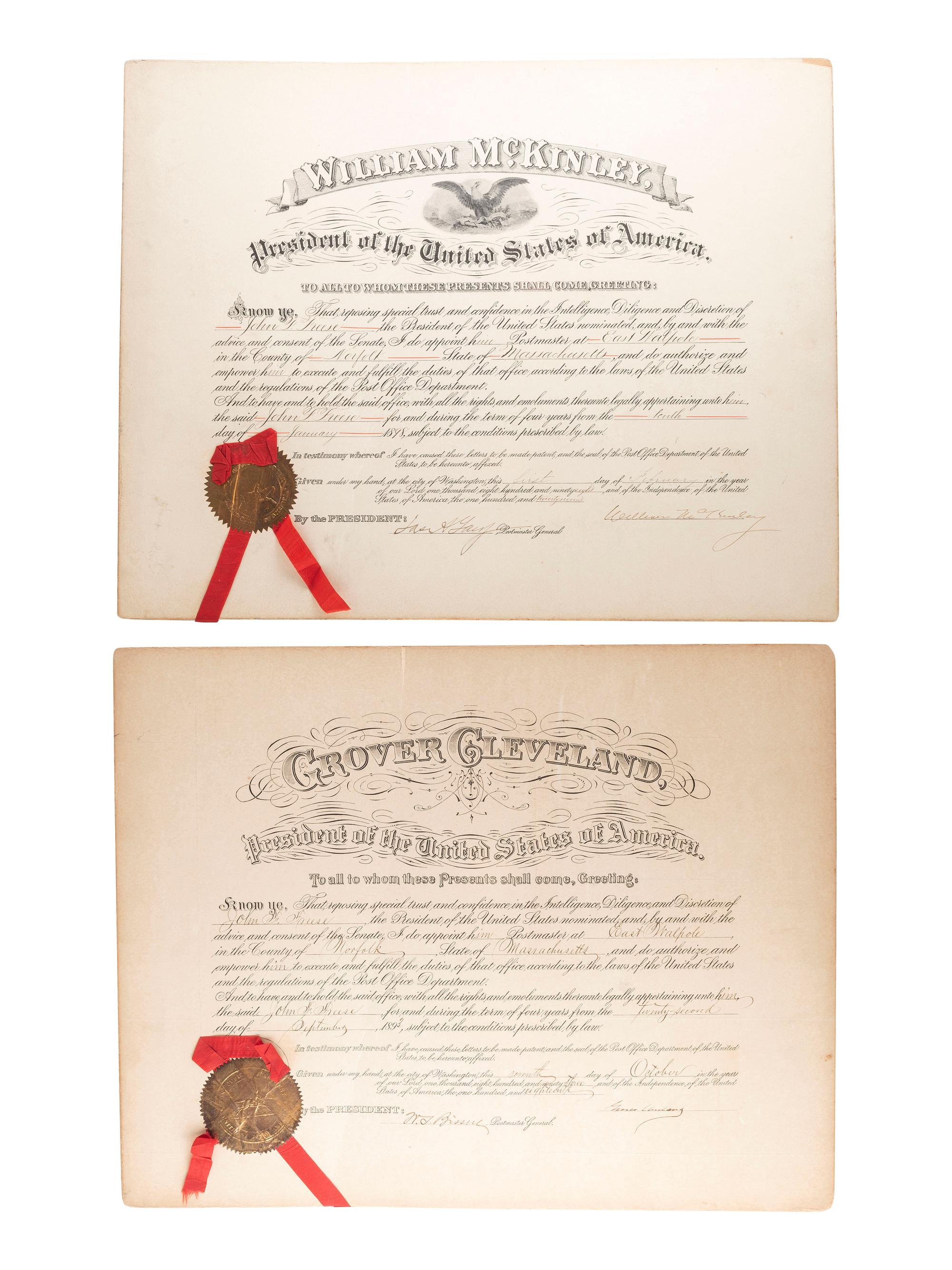 [POLITICS]. A group of presidential postmaster appointments signed by Grover CLEVELAND, William McKINLEY, and Theodore ROOSEVELT.