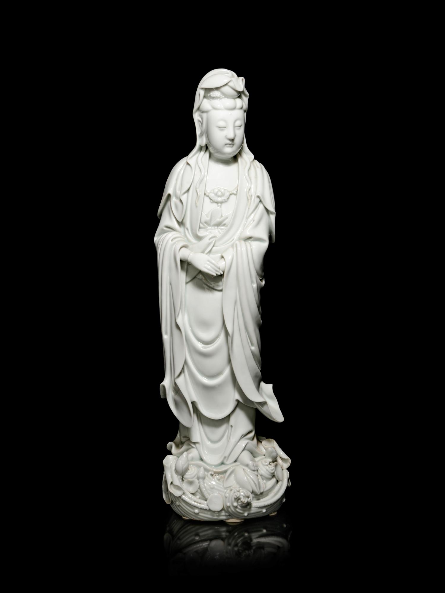 A Large Blanc-de-Chine Porcelain Figure of Guanyin