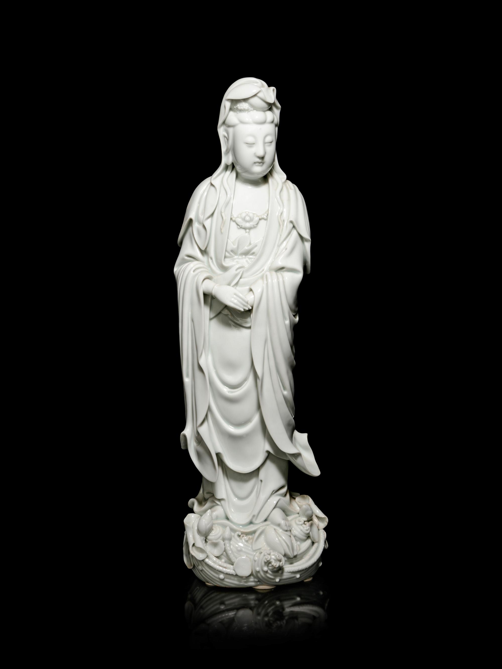 A Large Blanc-de-Chine Porcelain Figure of Guanyin
