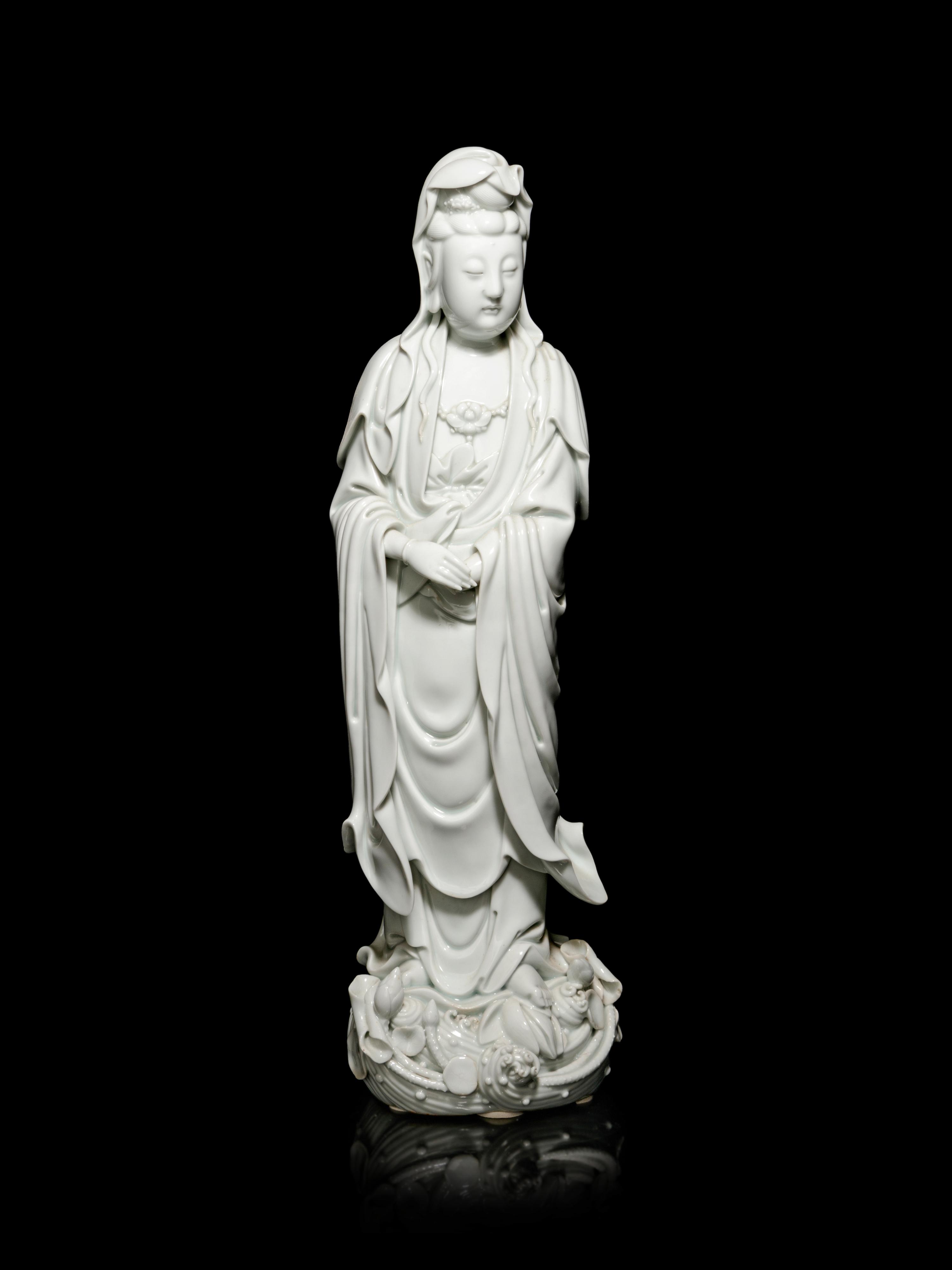 A Large Blanc-de-Chine Porcelain Figure of Guanyin