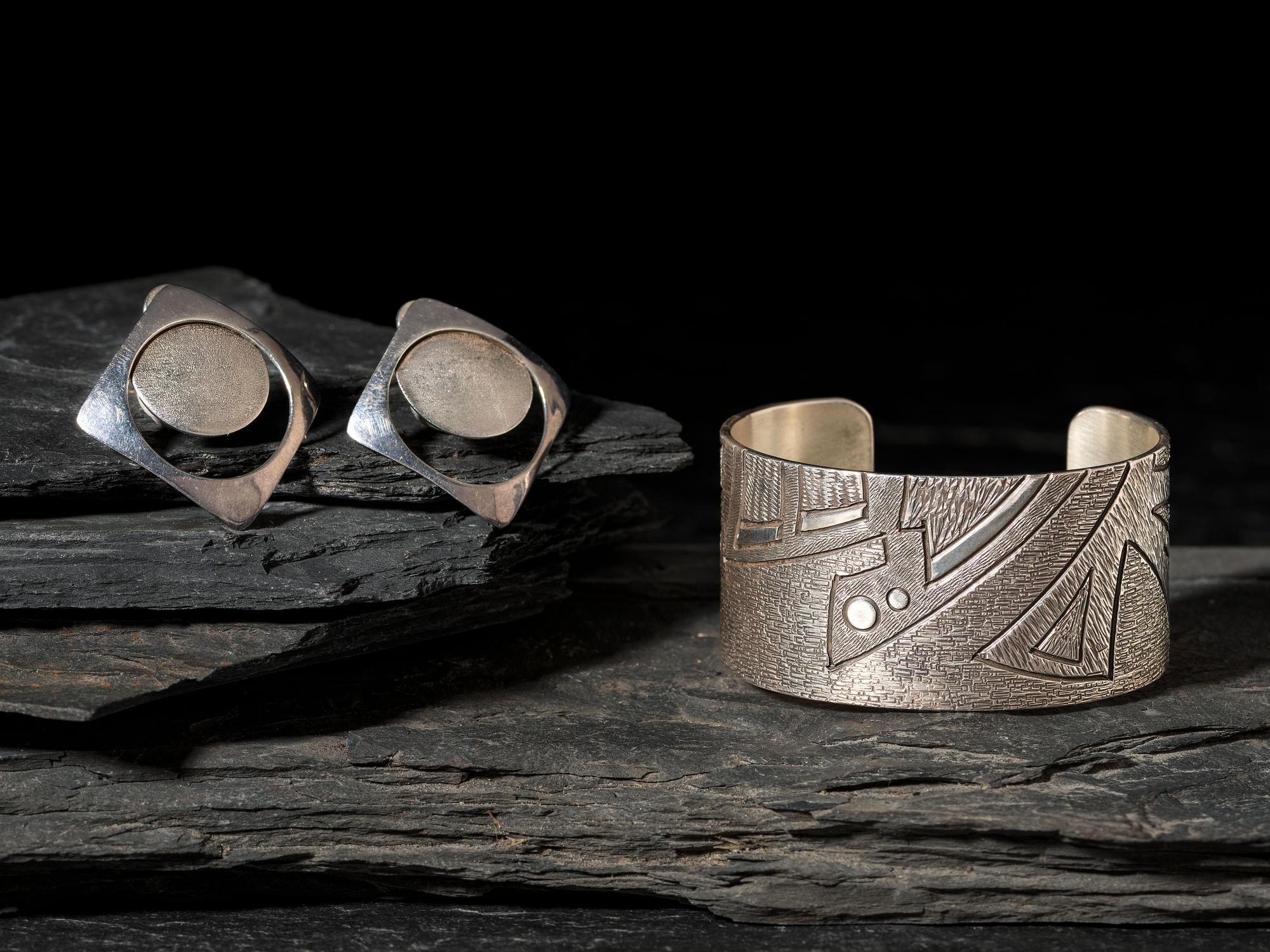 Textured Silver Cuff Bracelet and Earrings
